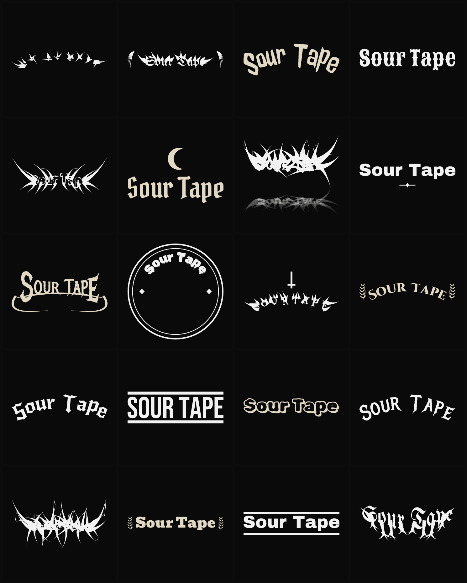 Twenty Sour Tape band logo ideas — different faces, treatments and spike settings