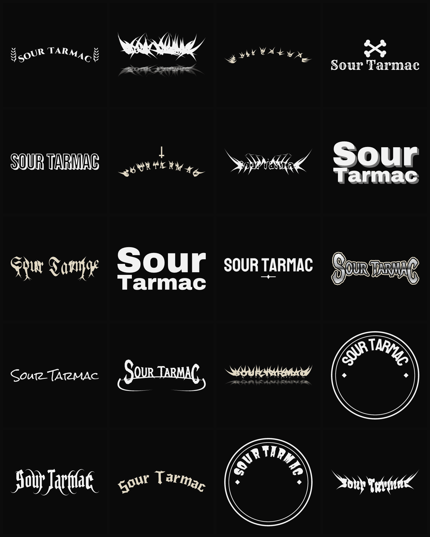 Twenty Sour Tarmac band logo ideas — different faces, treatments and spike settings