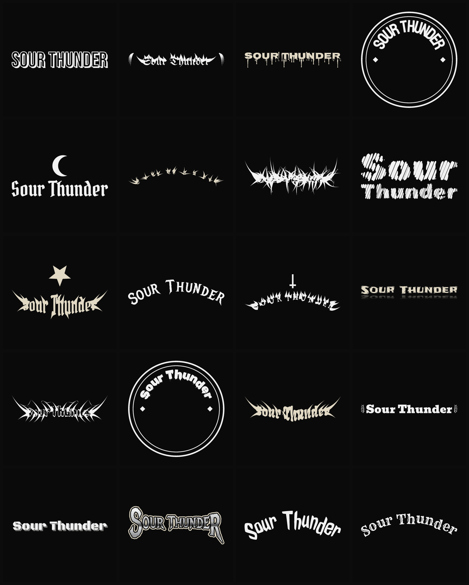 Twenty Sour Thunder band logo ideas — different faces, treatments and spike settings
