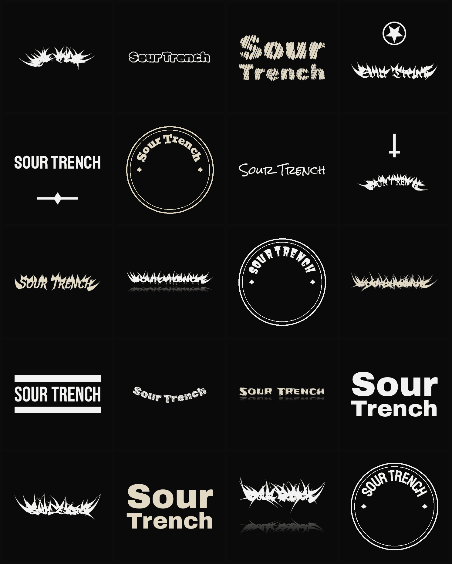 Twenty Sour Trench band logo ideas — different faces, treatments and spike settings