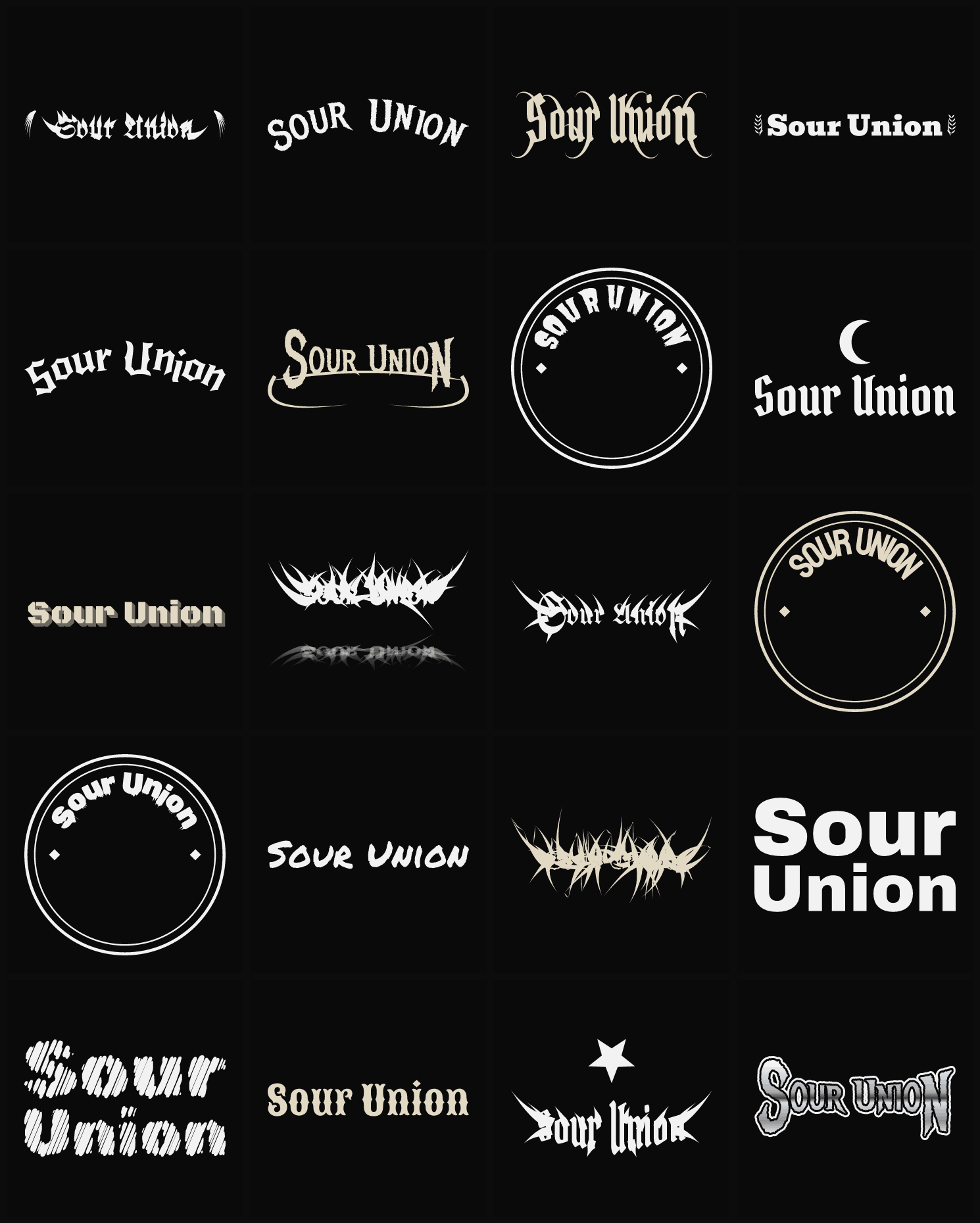 Twenty Sour Union band logo ideas — different faces, treatments and spike settings