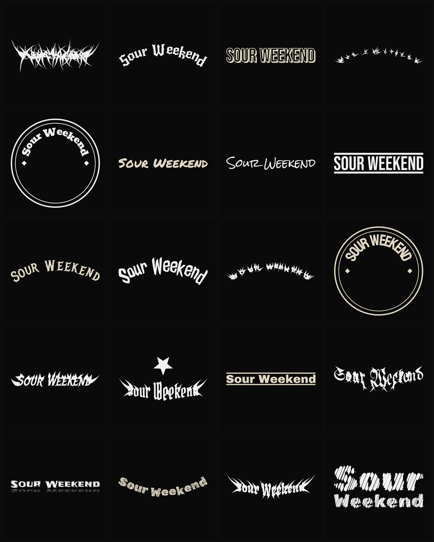 Twenty Sour Weekend band logo ideas — different faces, treatments and spike settings