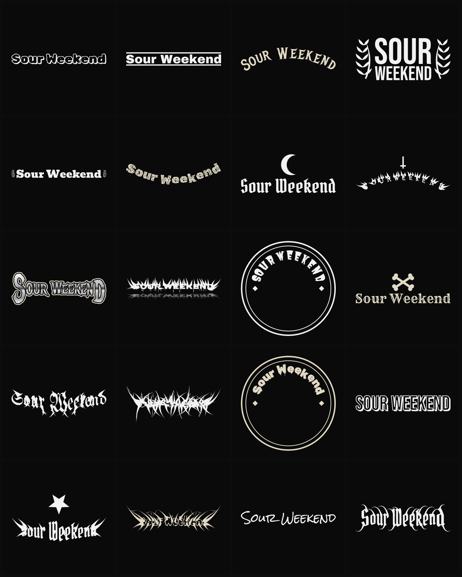 Twenty Sour Weekend band logo ideas — different faces, treatments and spike settings