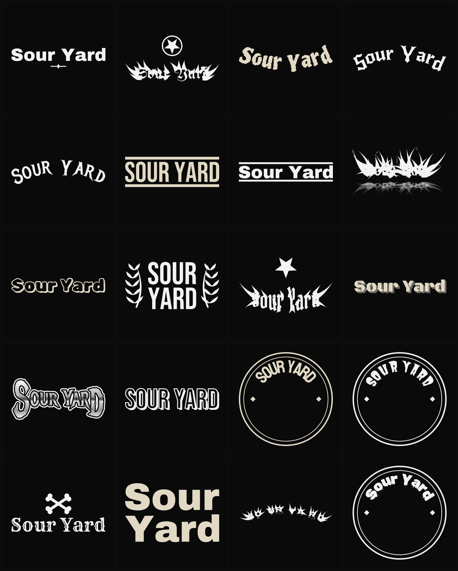 Twenty Sour Yard band logo ideas — different faces, treatments and spike settings