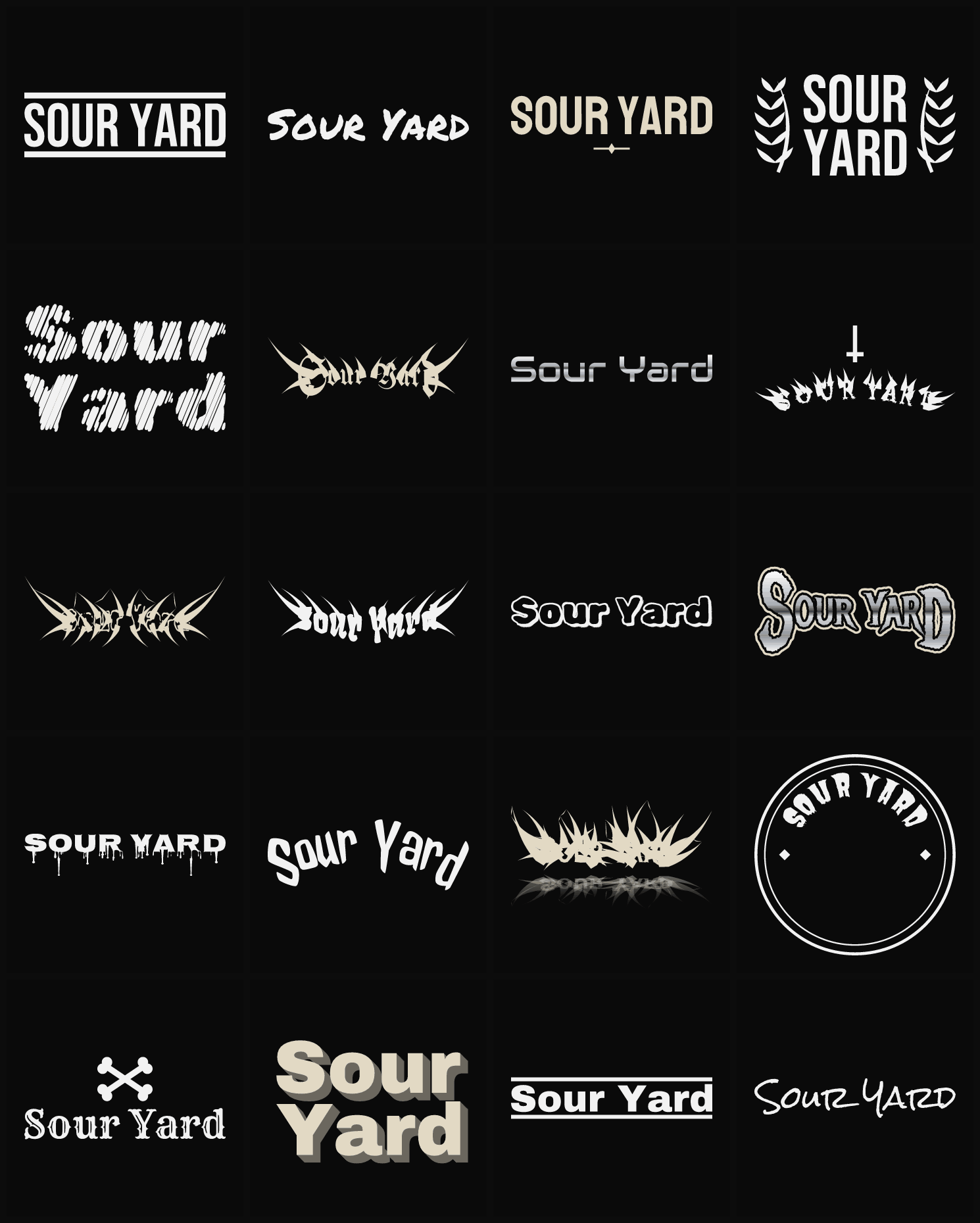 Twenty Sour Yard band logo ideas — different faces, treatments and spike settings