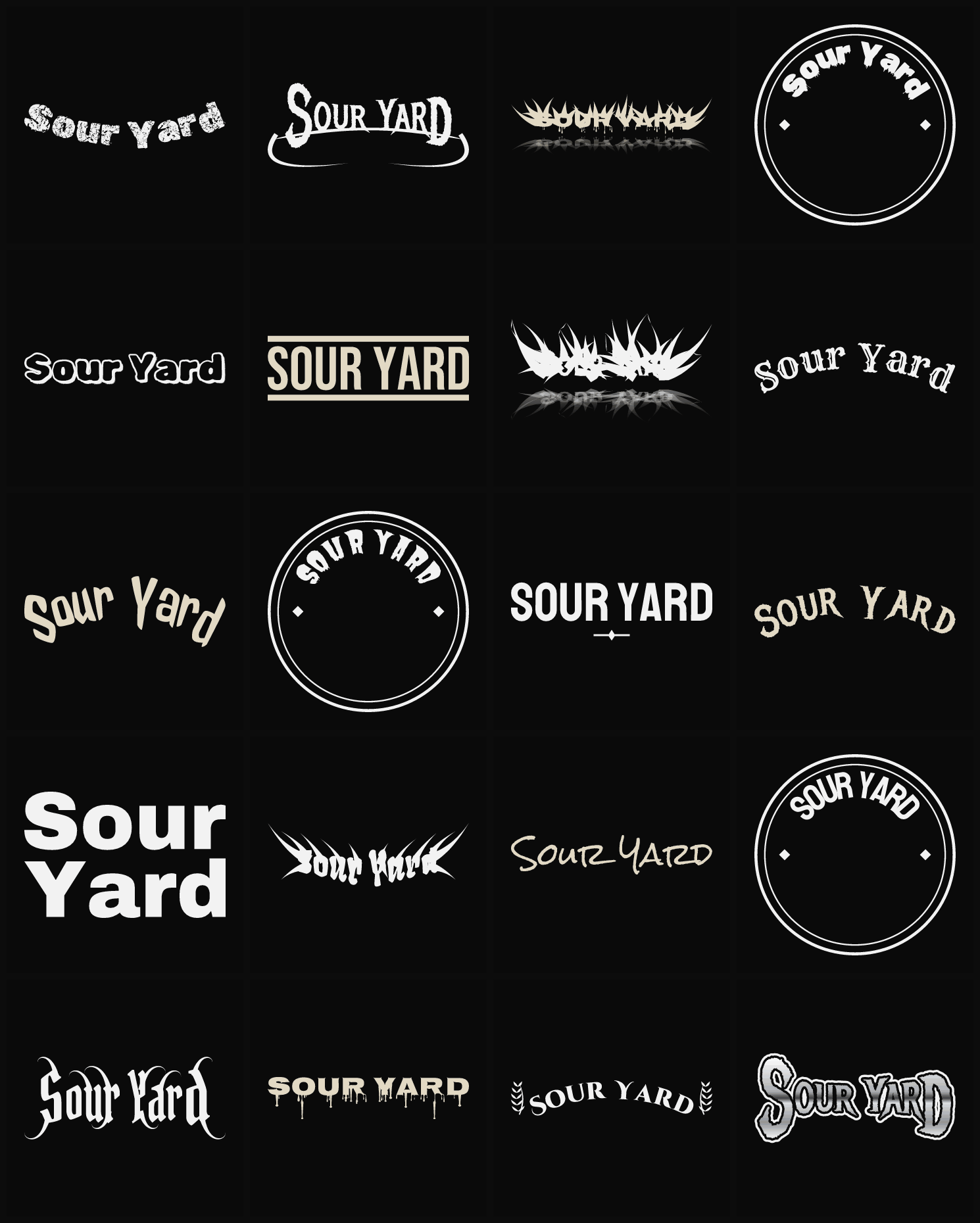 Twenty Sour Yard band logo ideas — different faces, treatments and spike settings