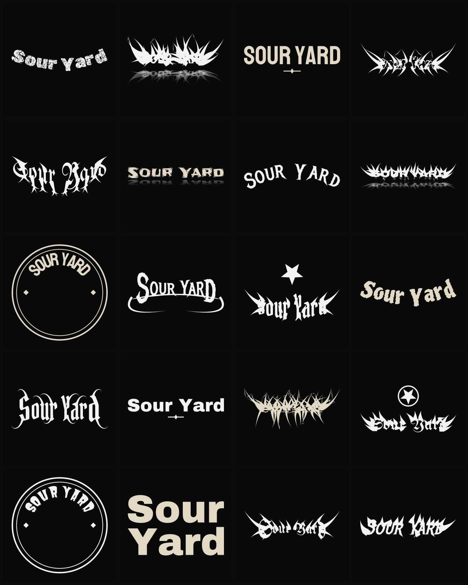 Twenty Sour Yard band logo ideas — different faces, treatments and spike settings