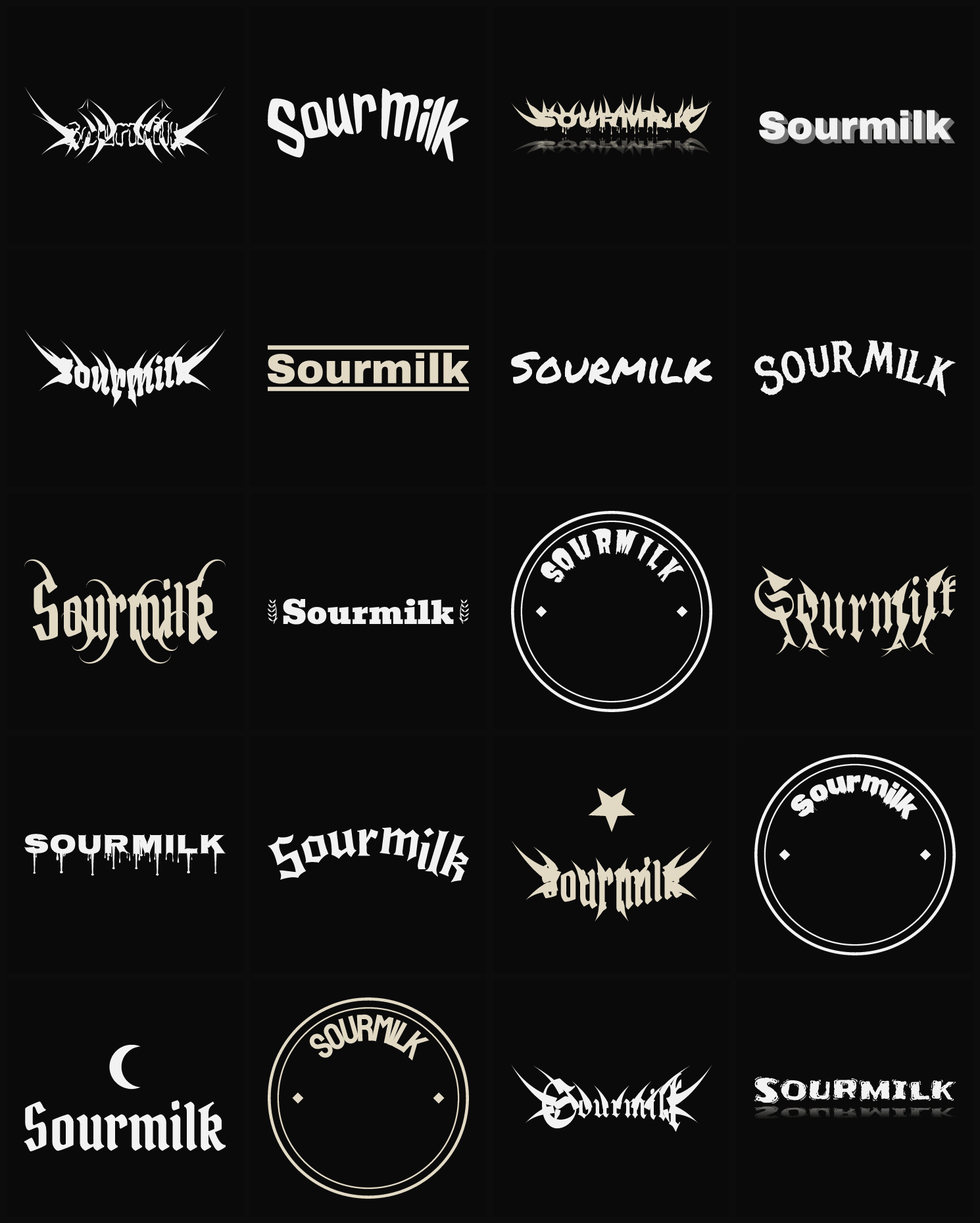 Twenty Sourmilk band logo ideas — different faces, treatments and spike settings