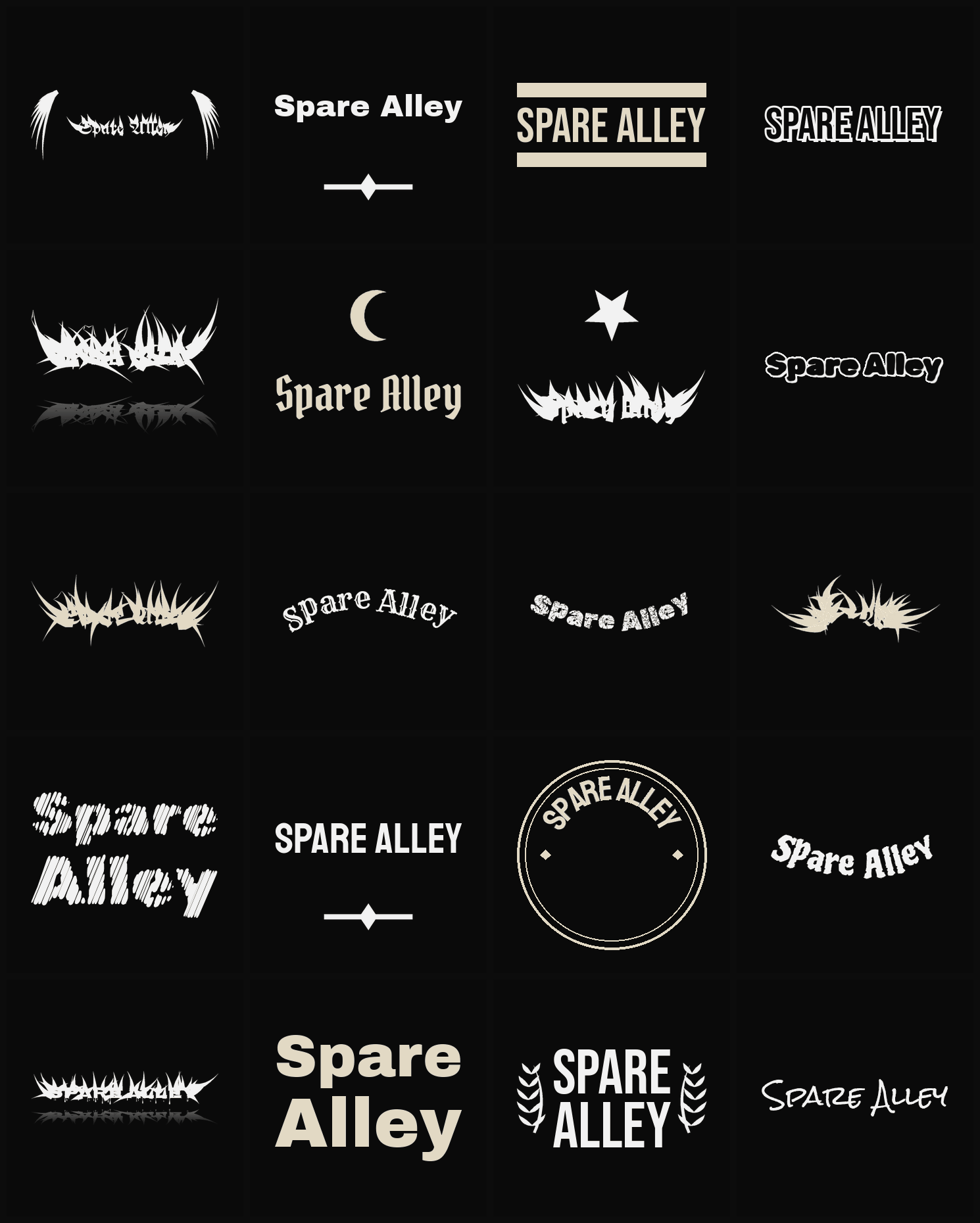 Twenty Spare Alley band logo ideas — different faces, treatments and spike settings