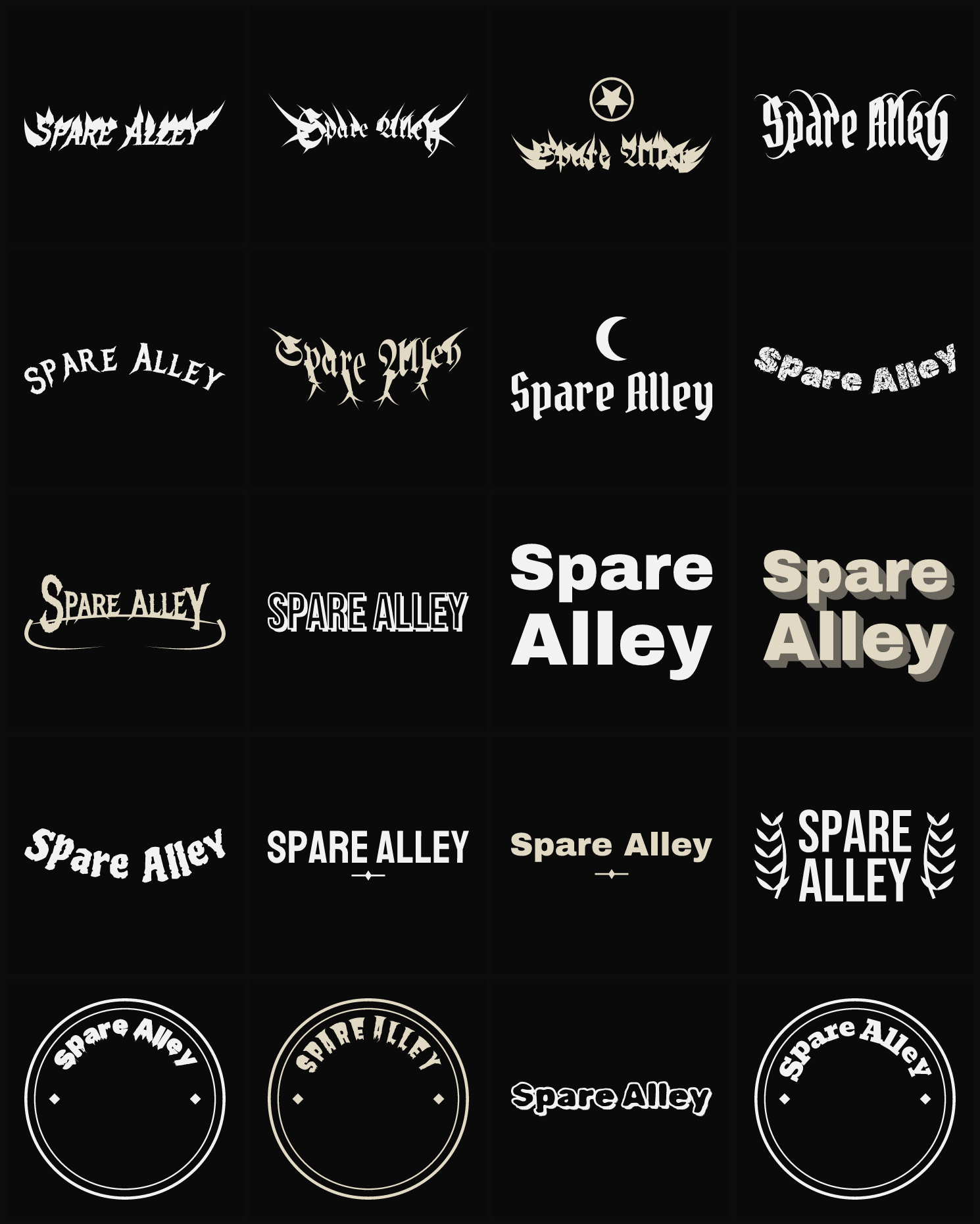 Twenty Spare Alley band logo ideas — different faces, treatments and spike settings