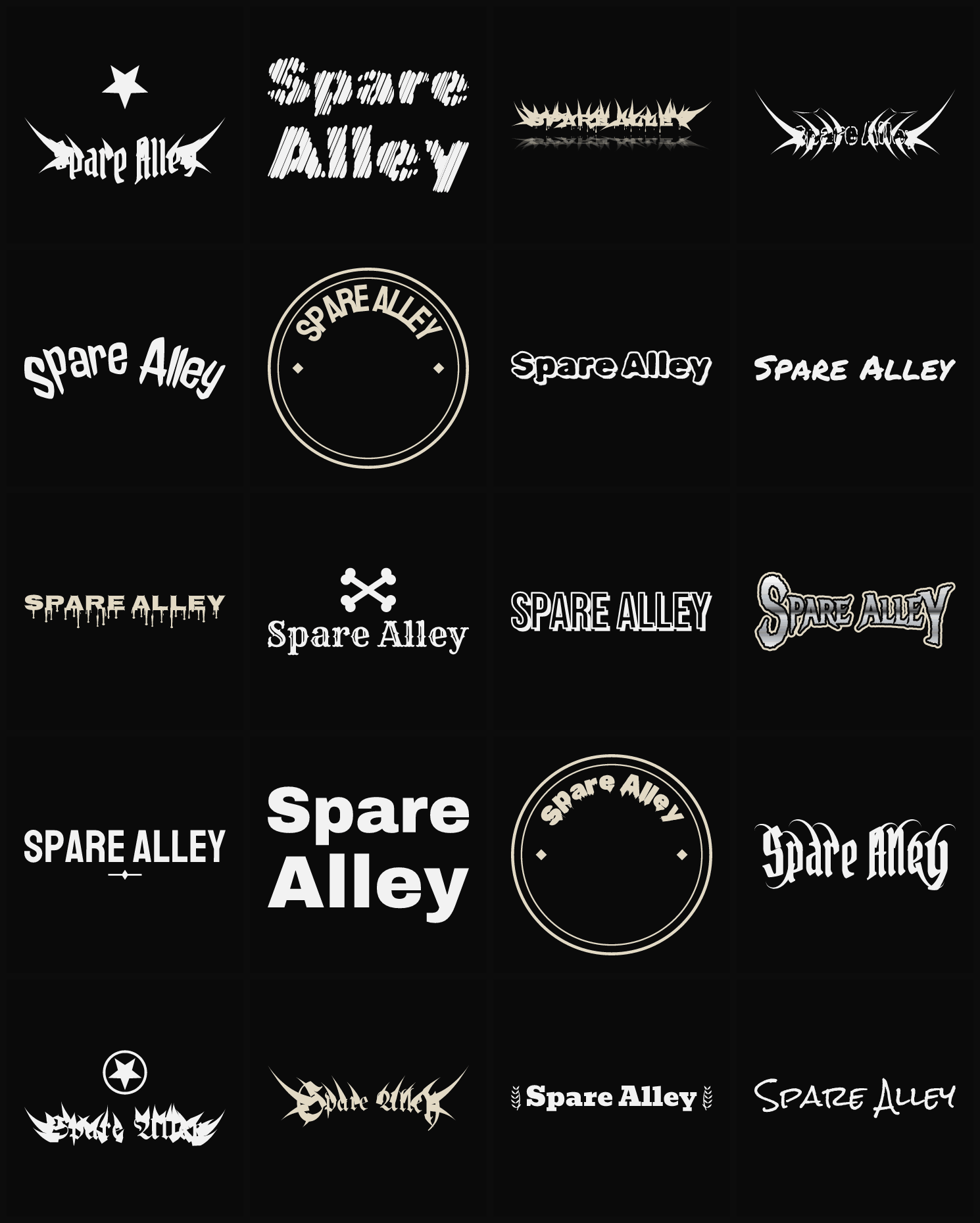 Twenty Spare Alley band logo ideas — different faces, treatments and spike settings