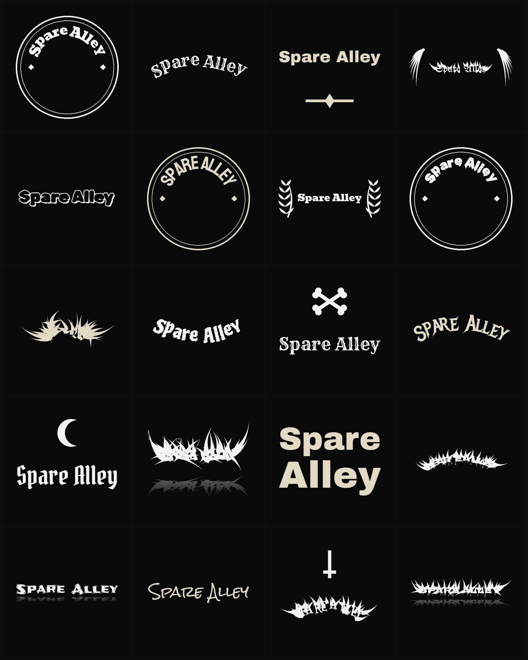 Twenty Spare Alley band logo ideas — different faces, treatments and spike settings