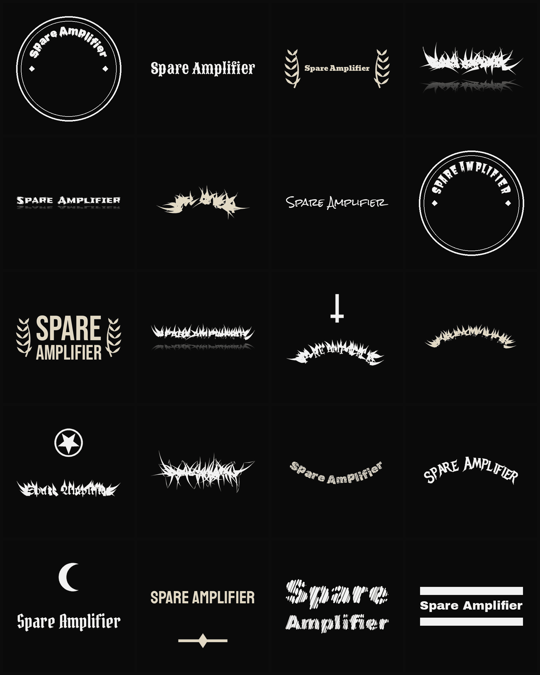 Twenty Spare Amplifier band logo ideas — different faces, treatments and spike settings