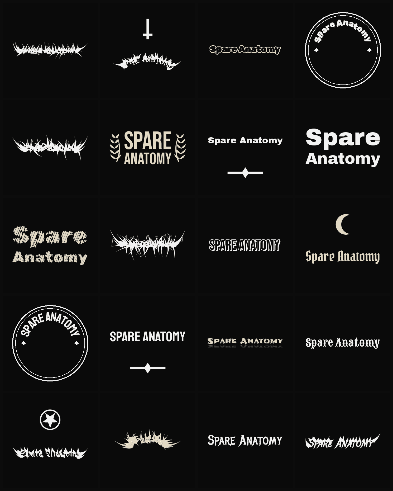 Twenty Spare Anatomy band logo ideas — different faces, treatments and spike settings