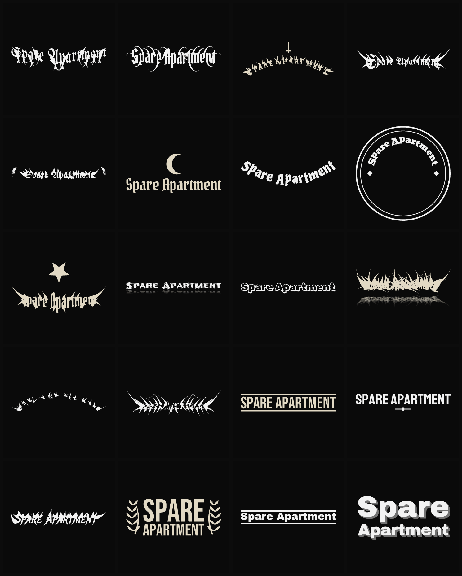 Twenty Spare Apartment band logo ideas — different faces, treatments and spike settings