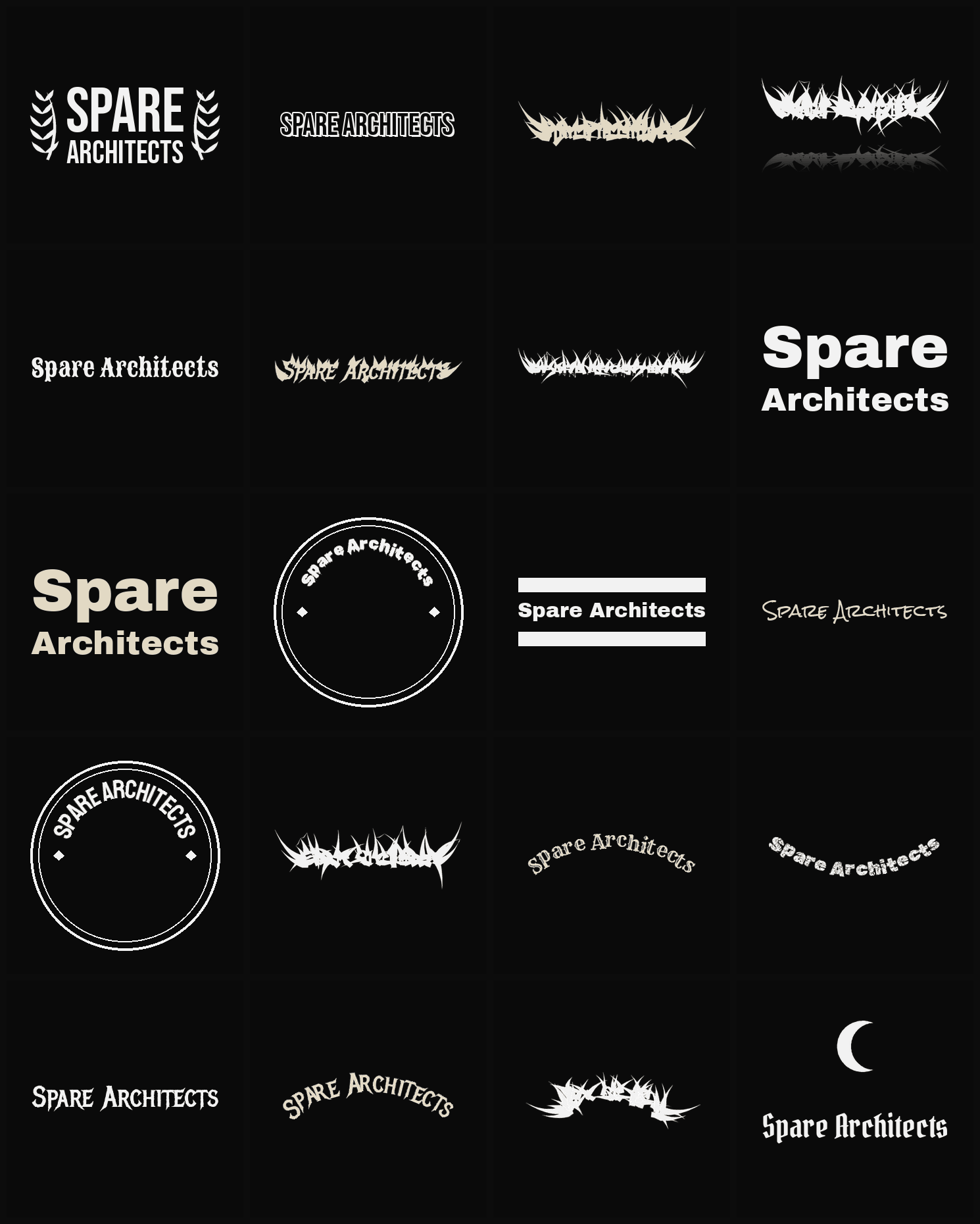 Twenty Spare Architects band logo ideas — different faces, treatments and spike settings
