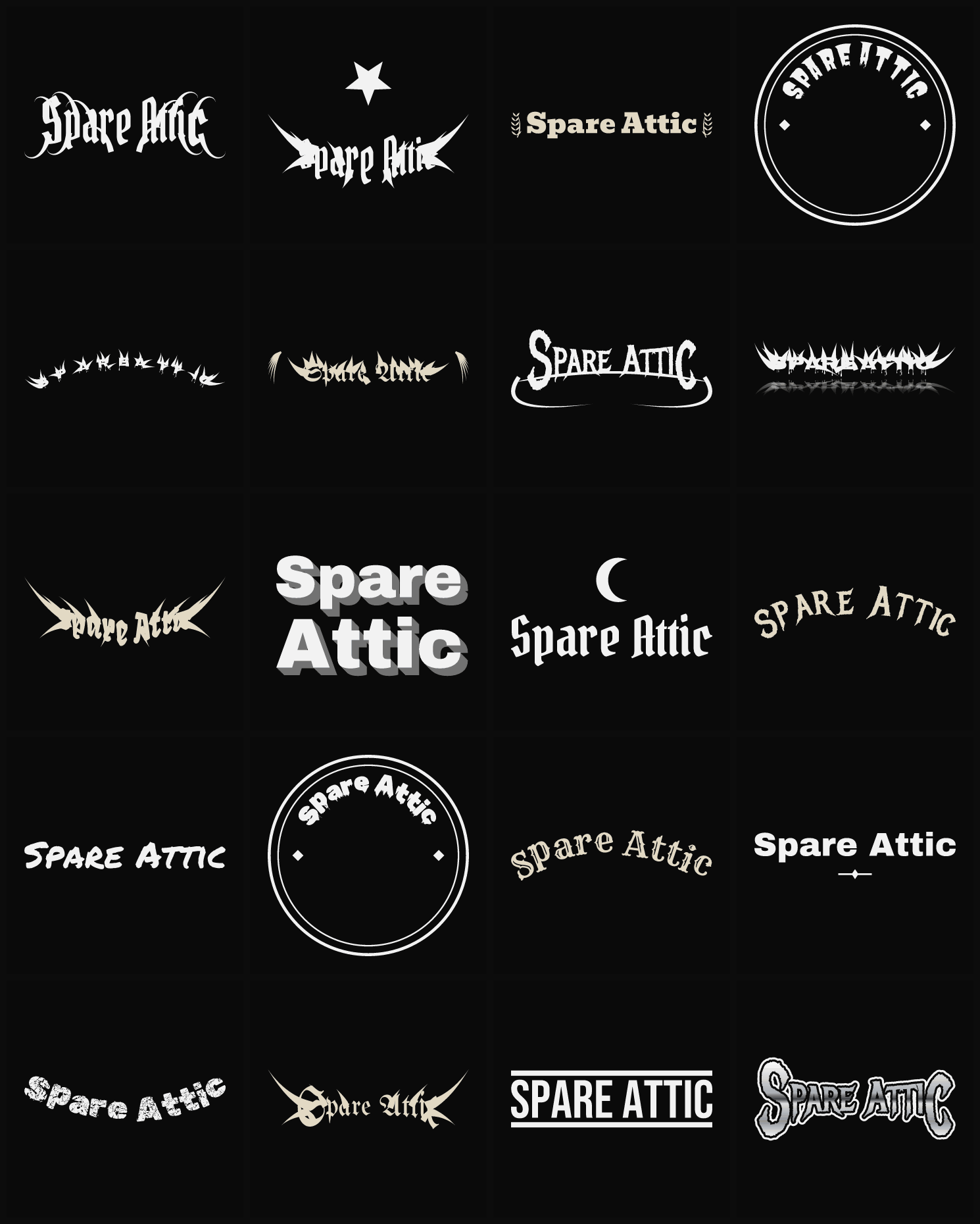 Twenty Spare Attic band logo ideas — different faces, treatments and spike settings