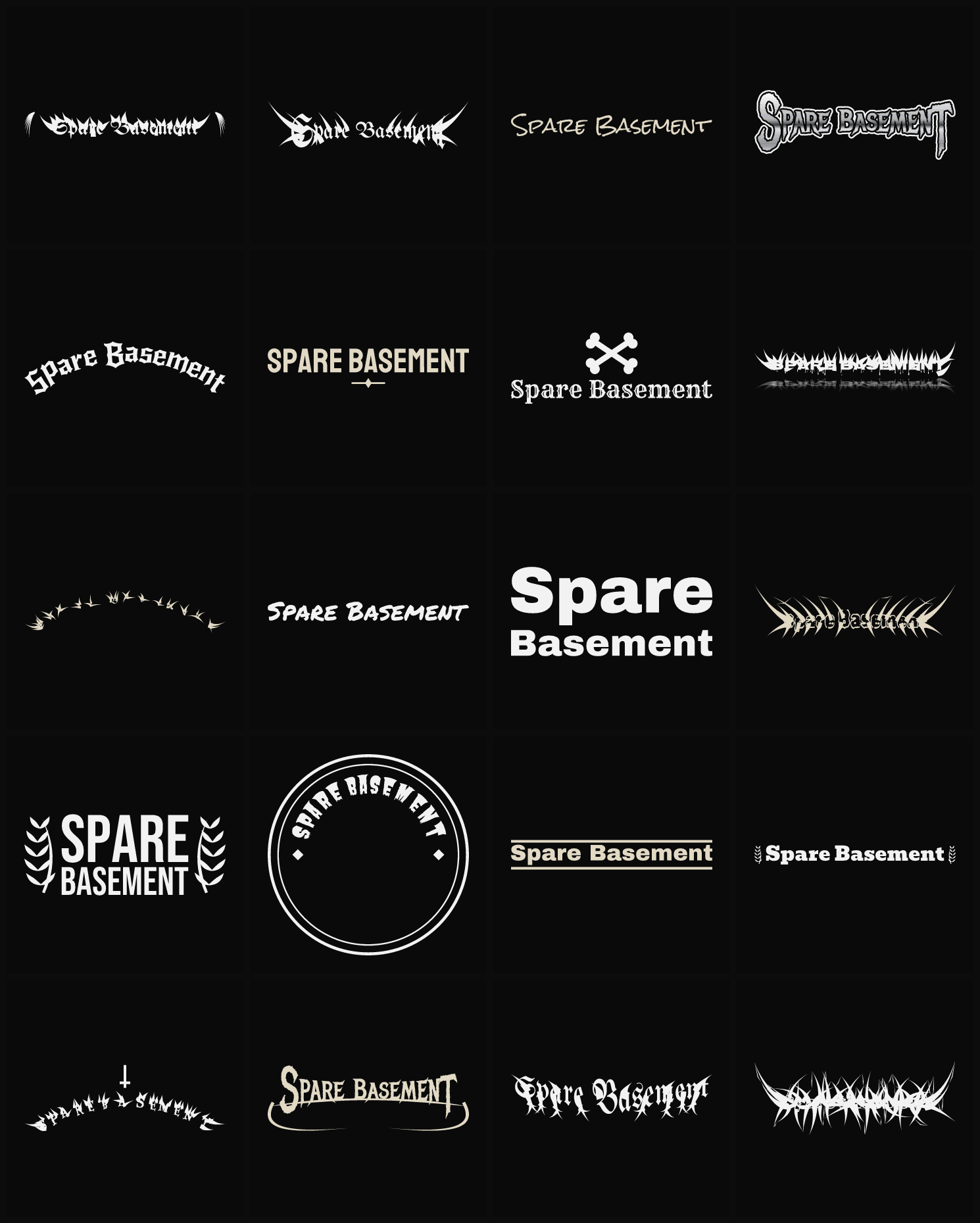 Twenty Spare Basement band logo ideas — different faces, treatments and spike settings