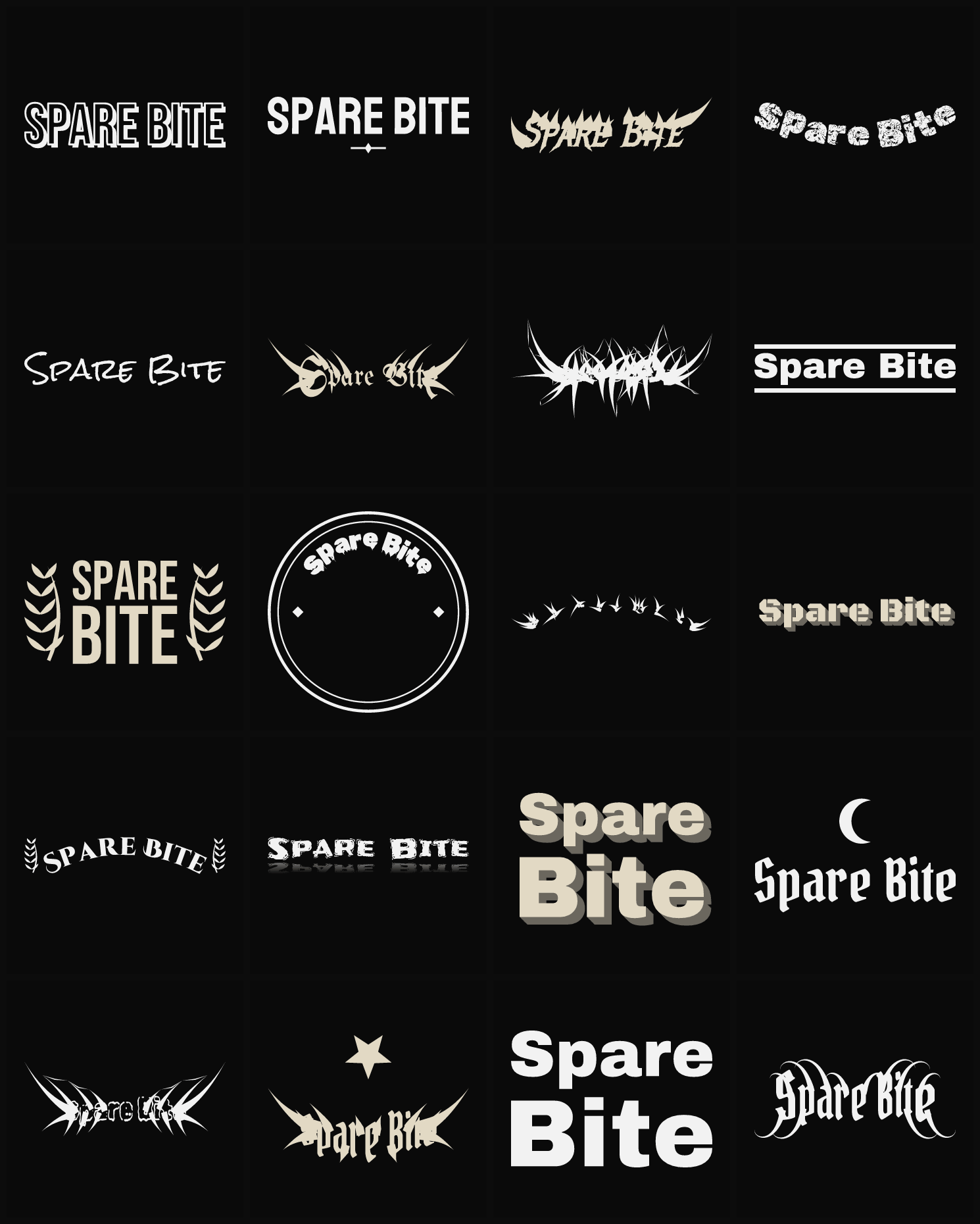 Twenty Spare Bite band logo ideas — different faces, treatments and spike settings