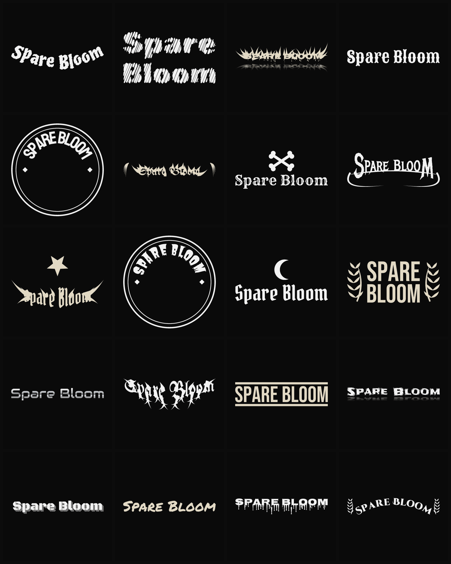 Twenty Spare Bloom band logo ideas — different faces, treatments and spike settings