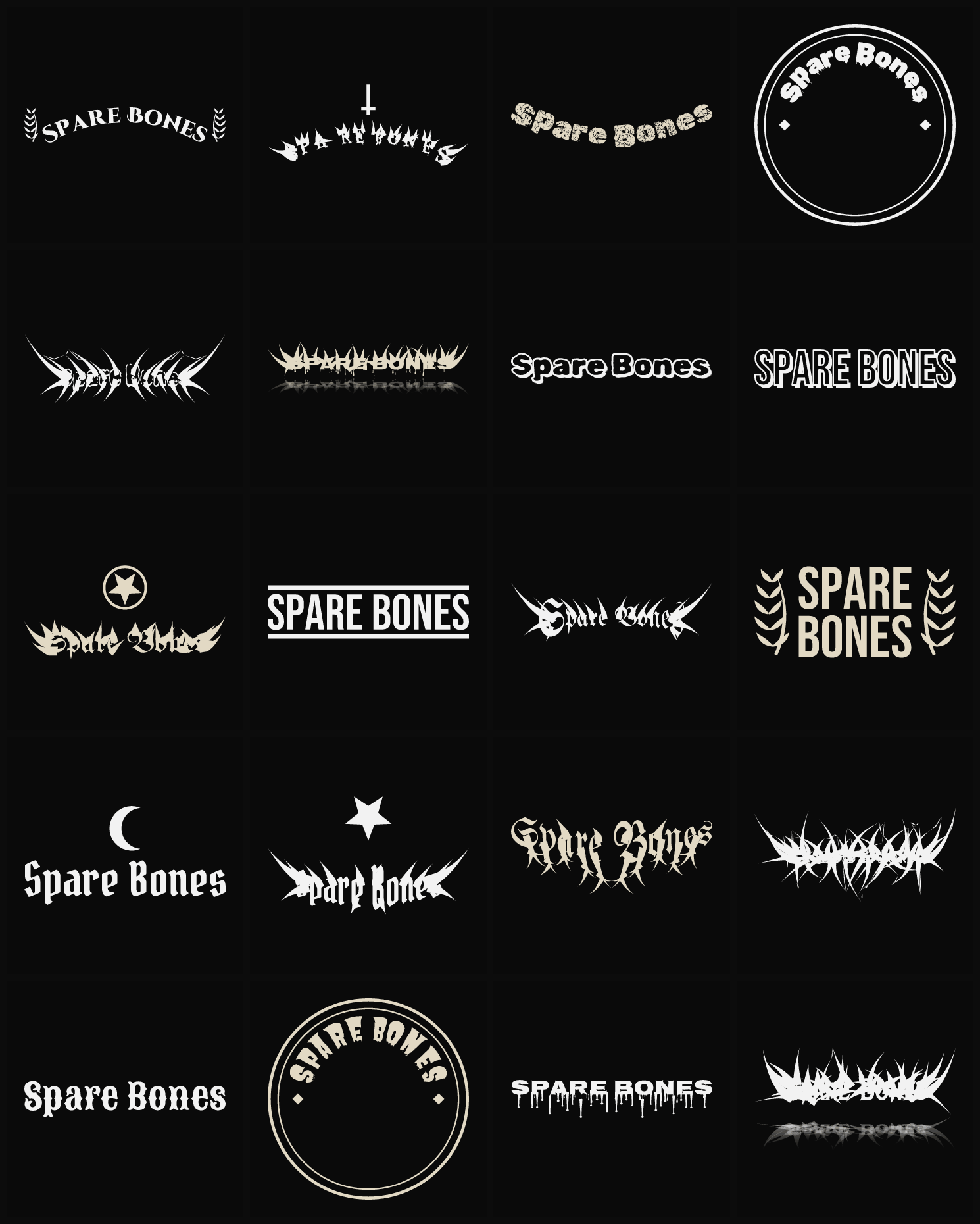 Twenty Spare Bones band logo ideas — different faces, treatments and spike settings