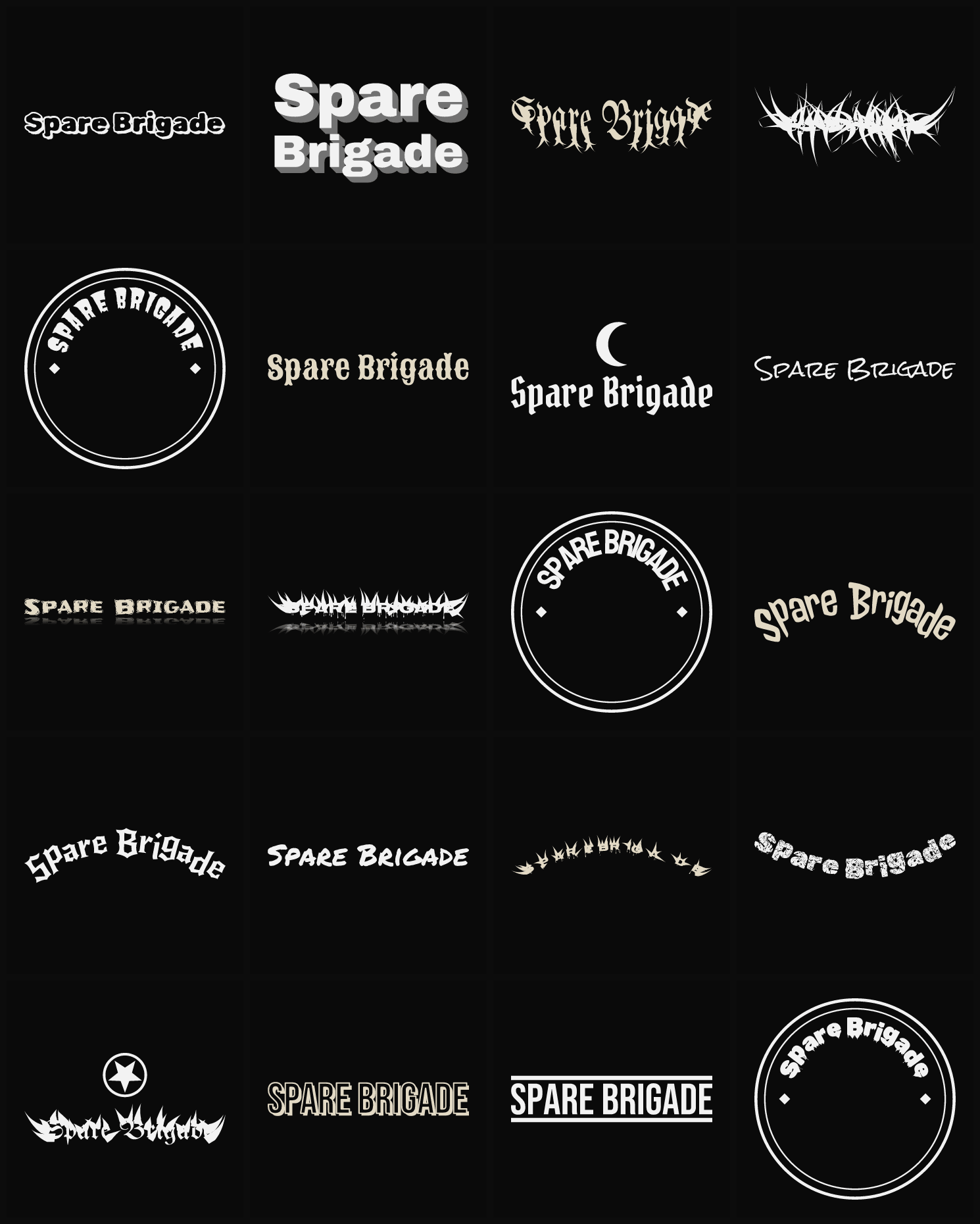 Twenty Spare Brigade band logo ideas — different faces, treatments and spike settings