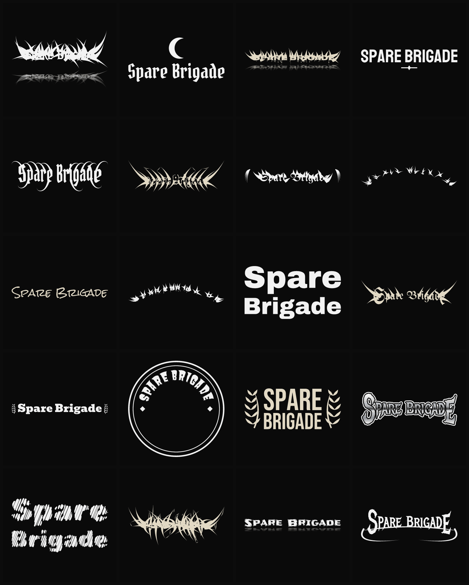 Twenty Spare Brigade band logo ideas — different faces, treatments and spike settings