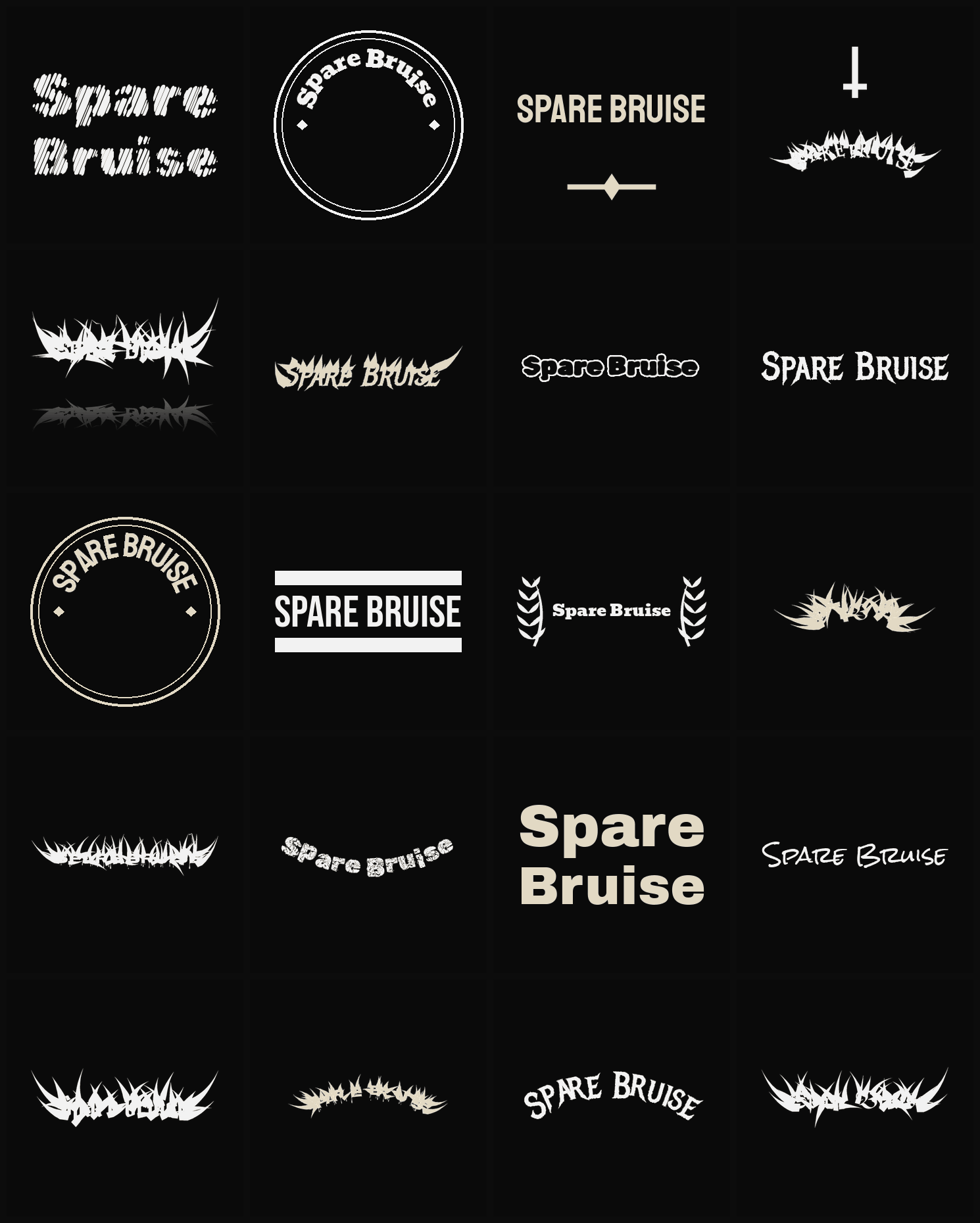 Twenty Spare Bruise band logo ideas — different faces, treatments and spike settings
