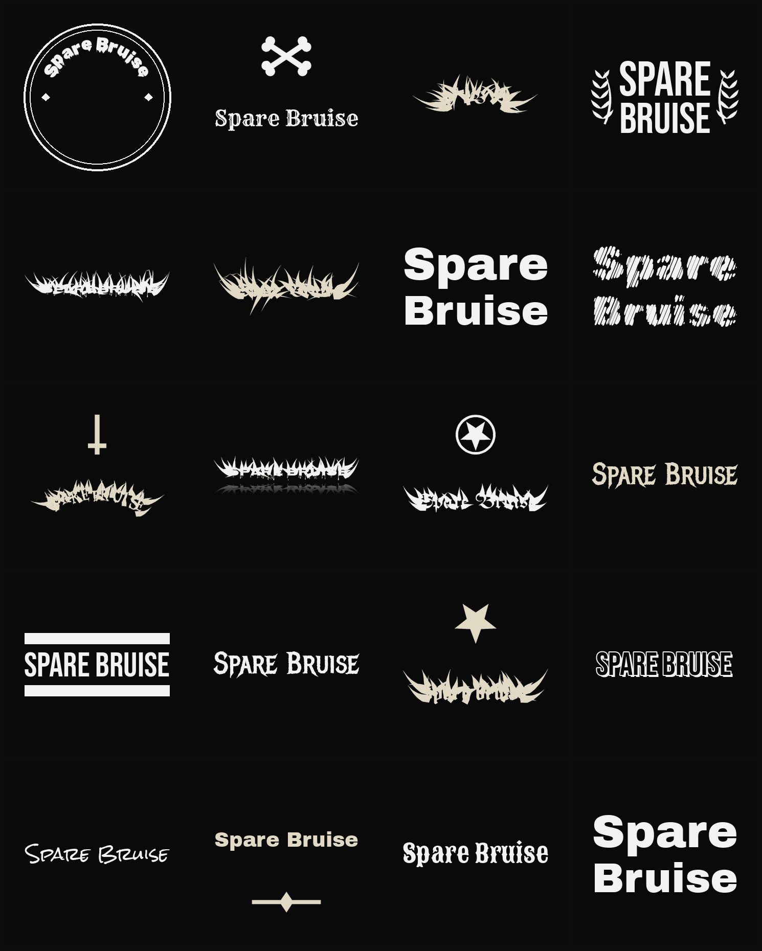 Twenty Spare Bruise band logo ideas — different faces, treatments and spike settings