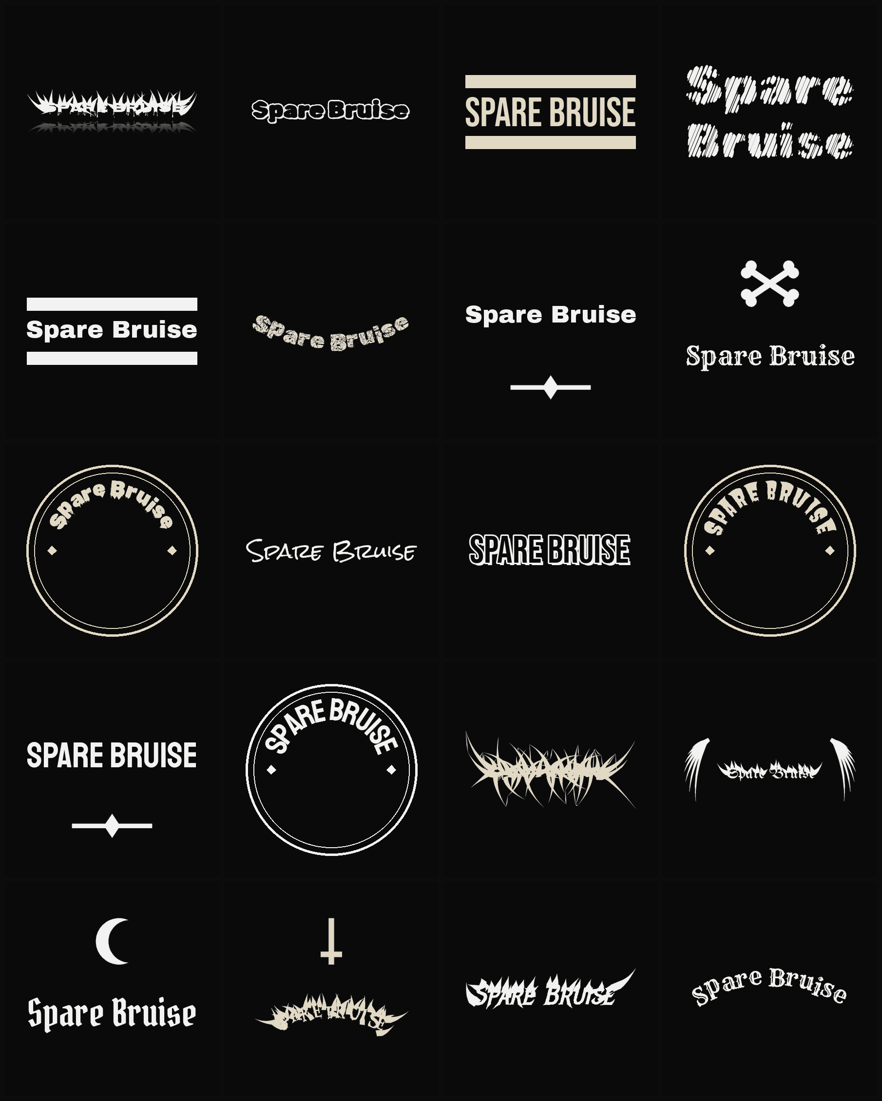 Twenty Spare Bruise band logo ideas — different faces, treatments and spike settings