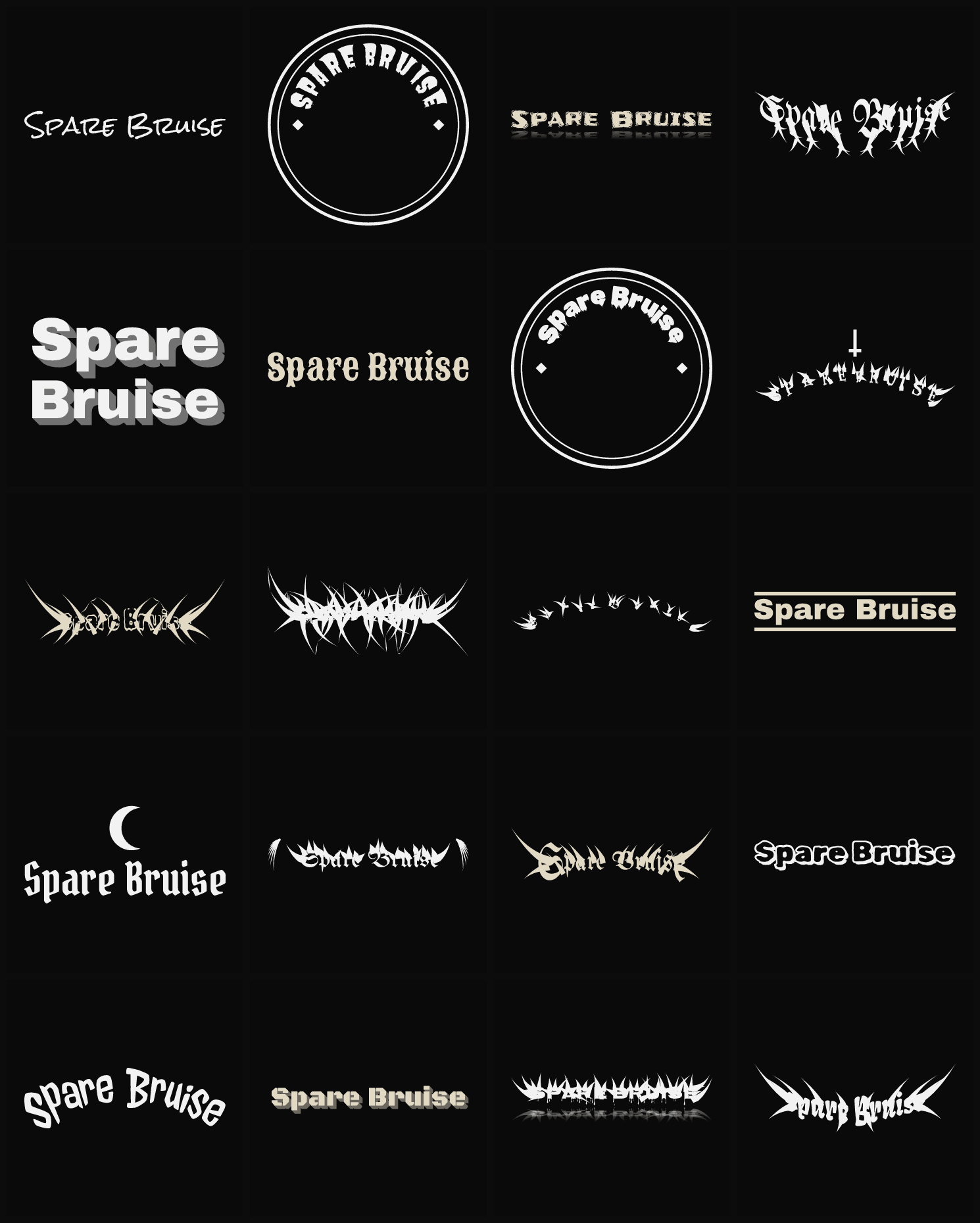Twenty Spare Bruise band logo ideas — different faces, treatments and spike settings
