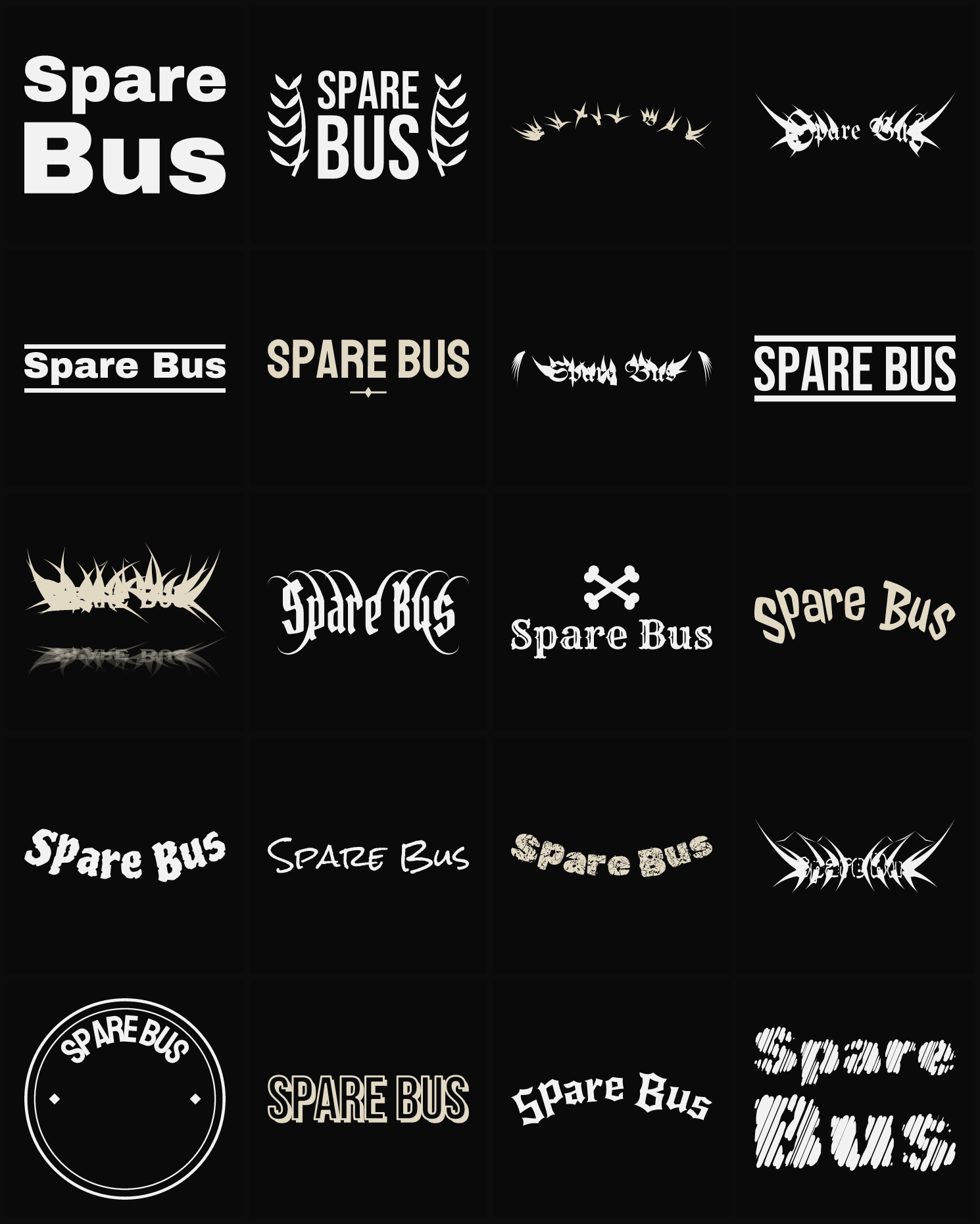 Twenty Spare Bus band logo ideas — different faces, treatments and spike settings