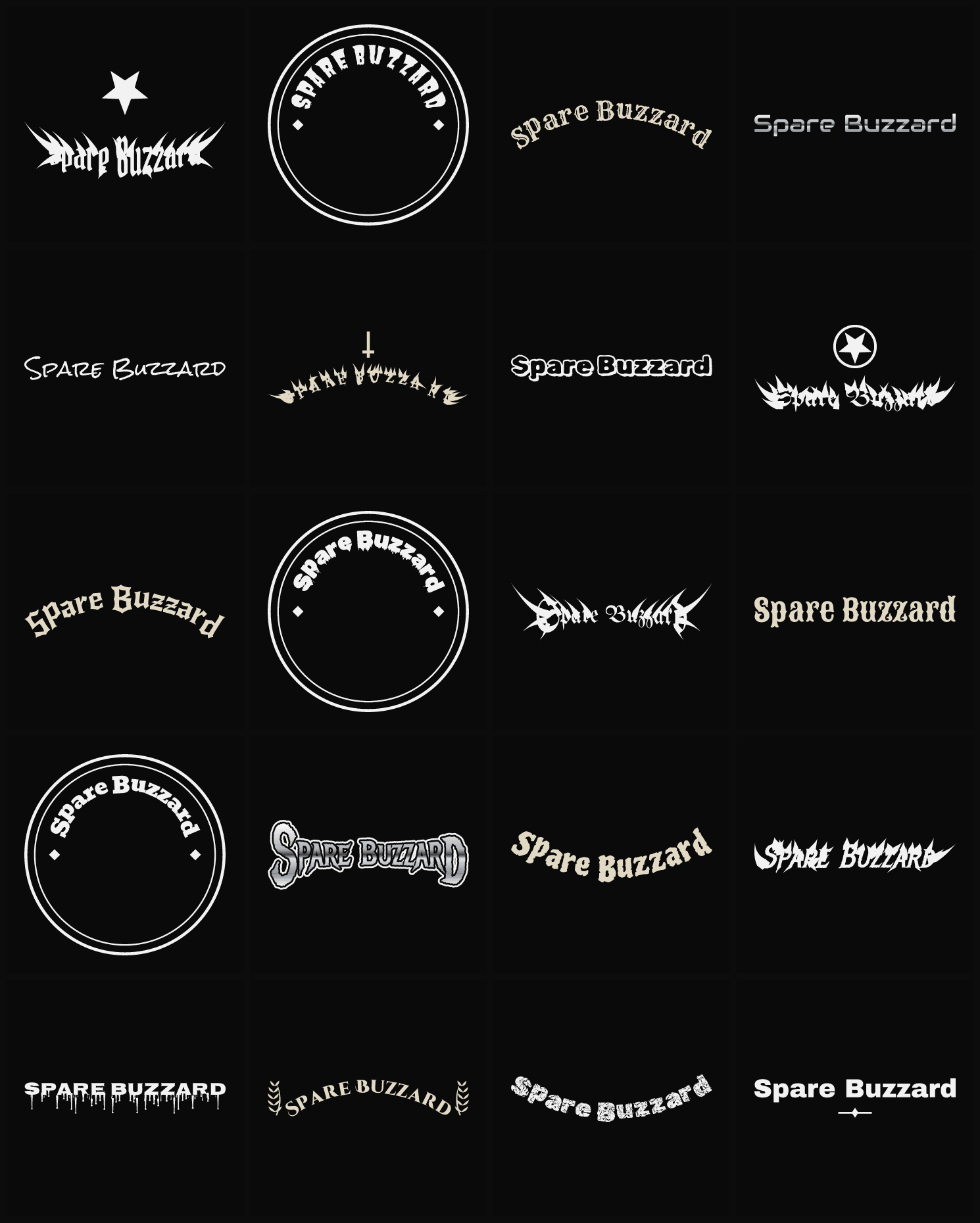 Twenty Spare Buzzard band logo ideas — different faces, treatments and spike settings