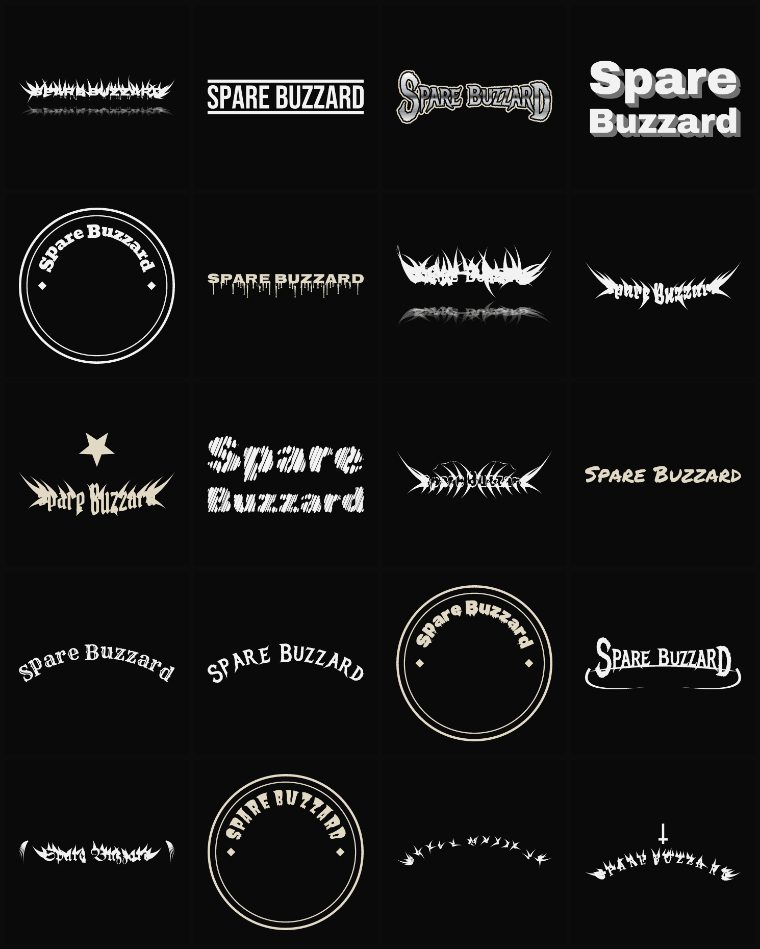 Twenty Spare Buzzard band logo ideas — different faces, treatments and spike settings