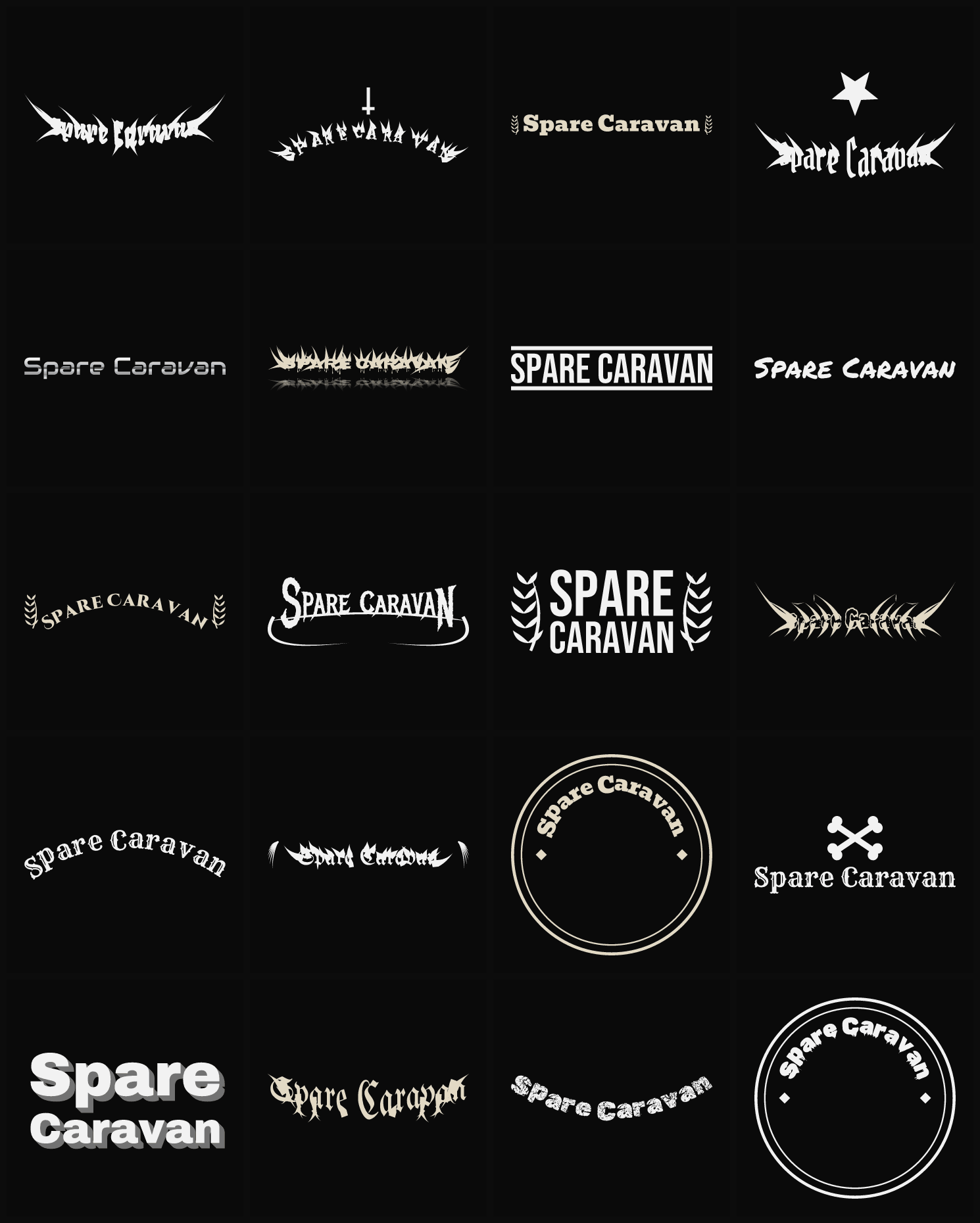 Twenty Spare Caravan band logo ideas — different faces, treatments and spike settings