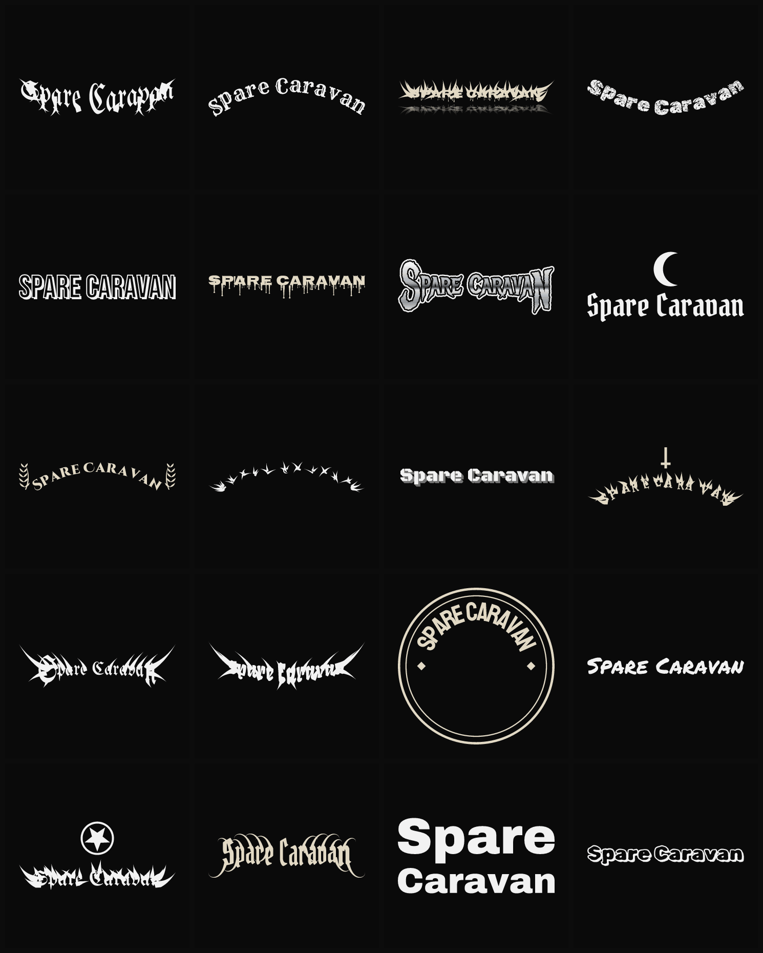 Twenty Spare Caravan band logo ideas — different faces, treatments and spike settings