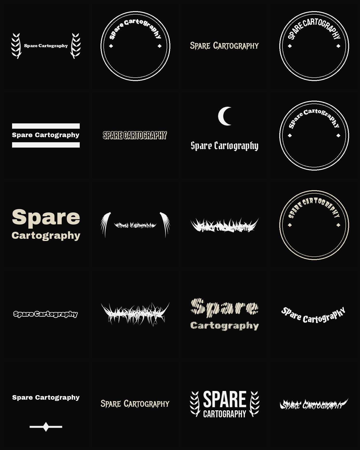 Twenty Spare Cartography band logo ideas — different faces, treatments and spike settings