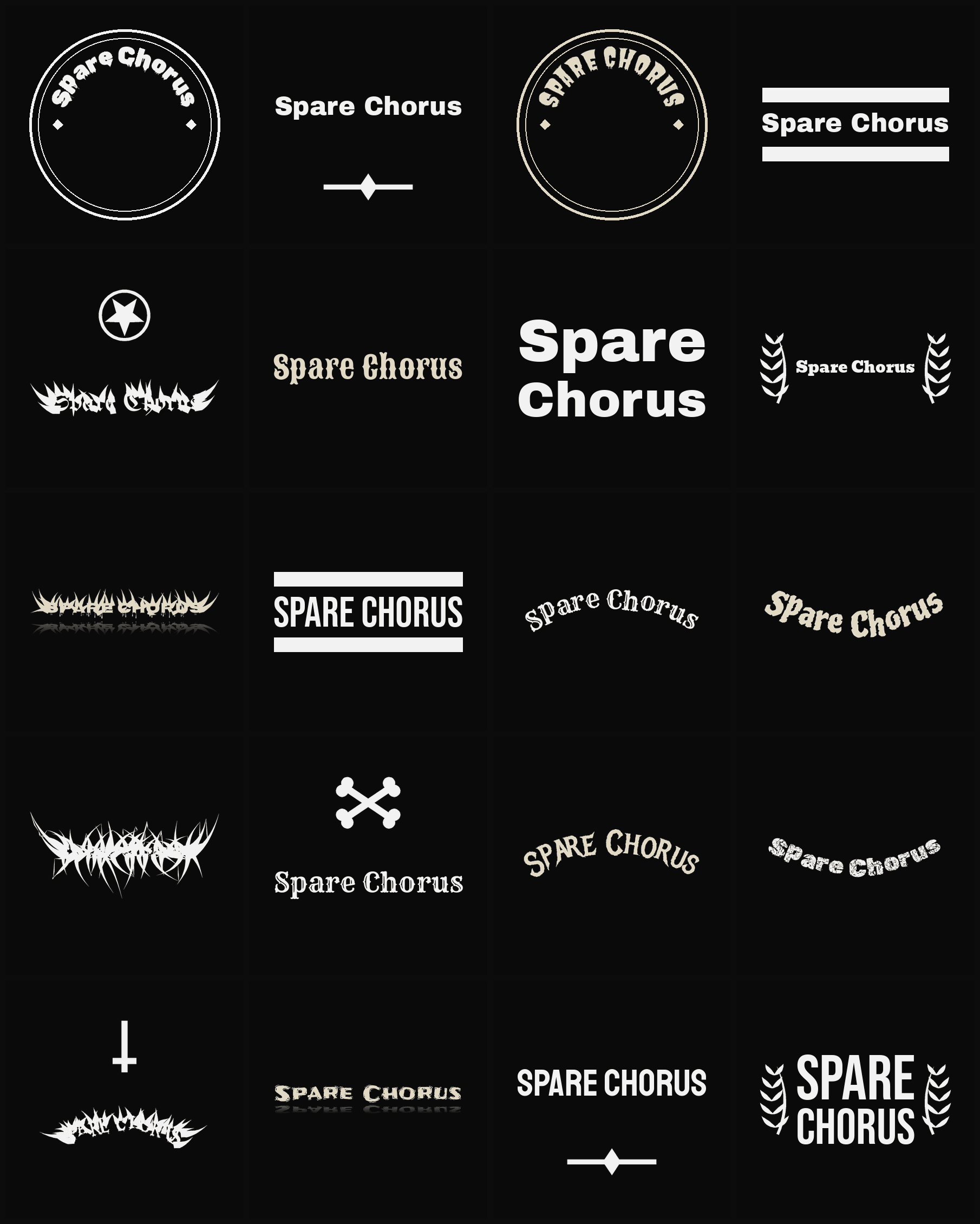 Twenty Spare Chorus band logo ideas — different faces, treatments and spike settings