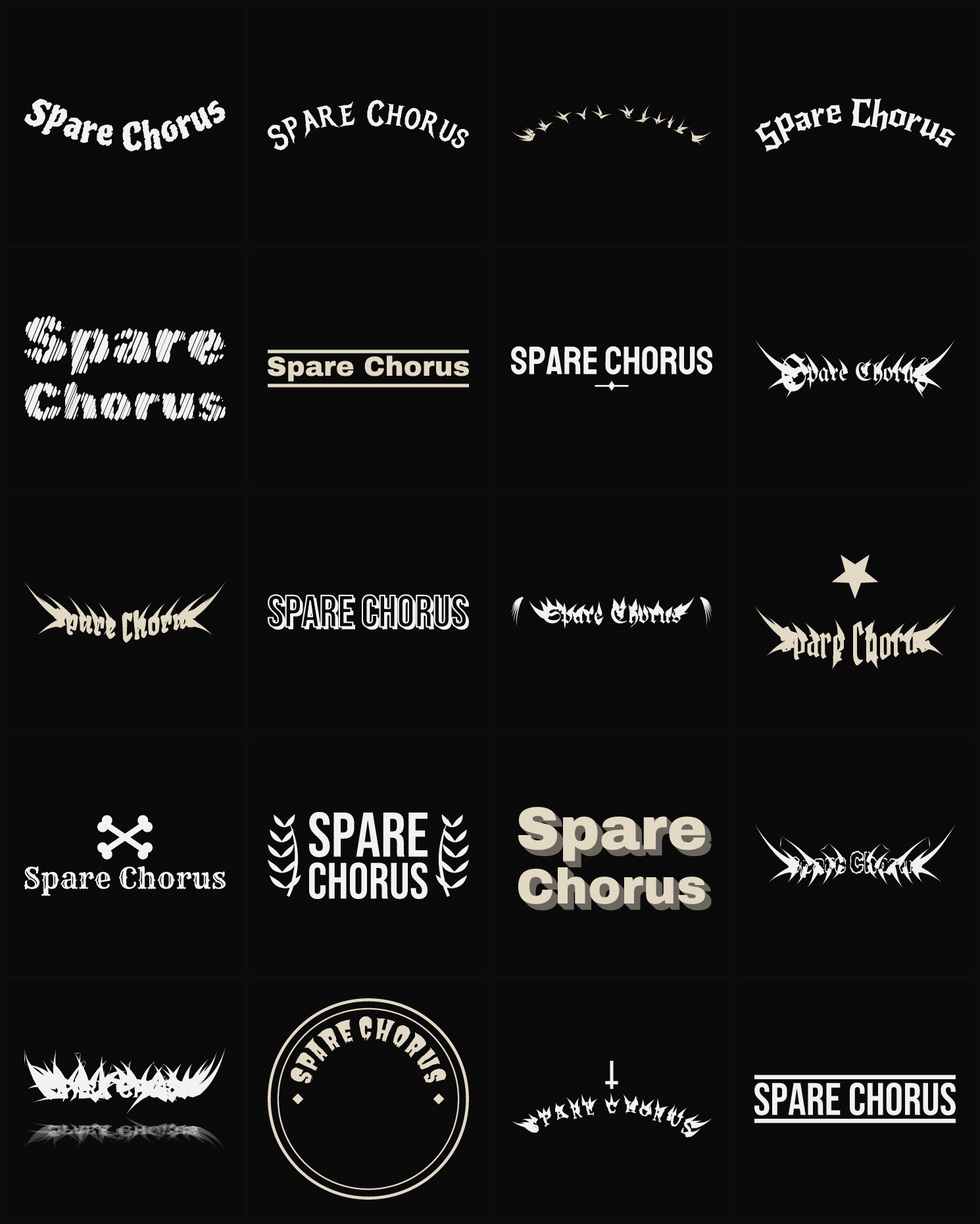 Twenty Spare Chorus band logo ideas — different faces, treatments and spike settings