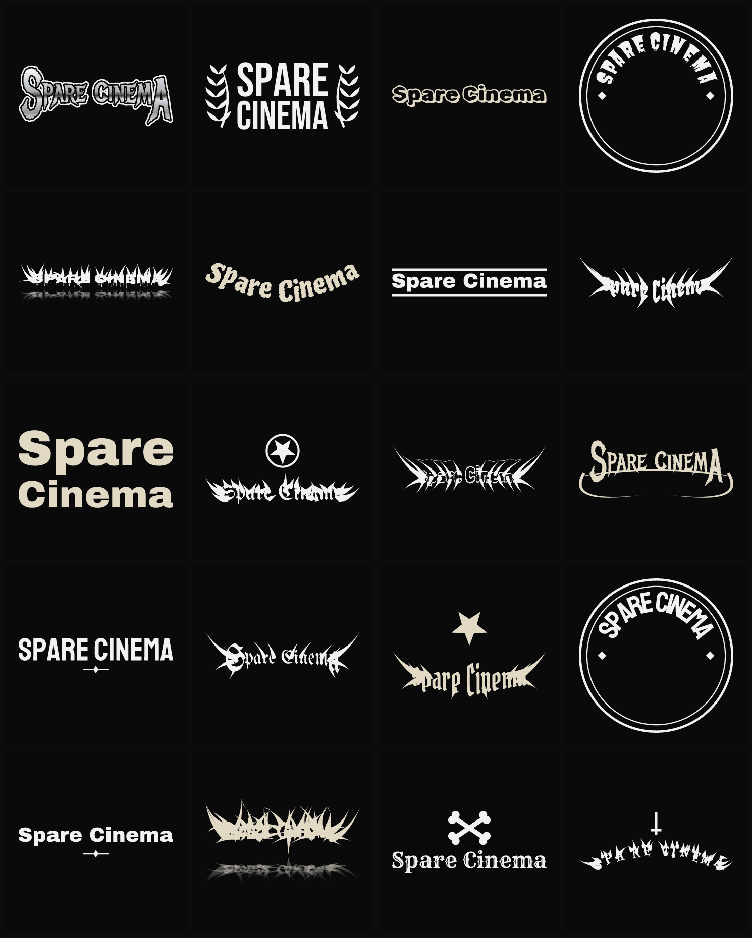 Twenty Spare Cinema band logo ideas — different faces, treatments and spike settings