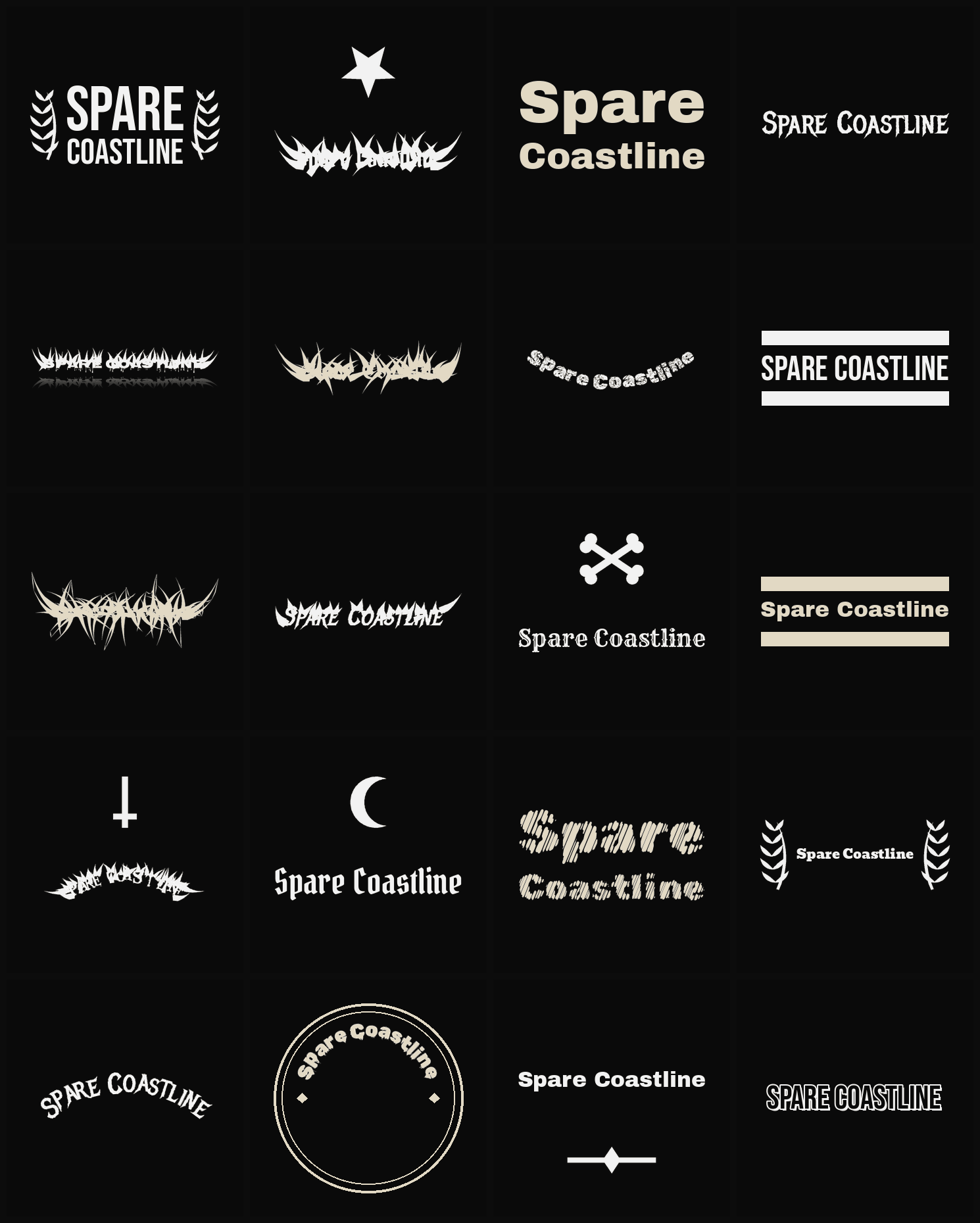 Twenty Spare Coastline band logo ideas — different faces, treatments and spike settings