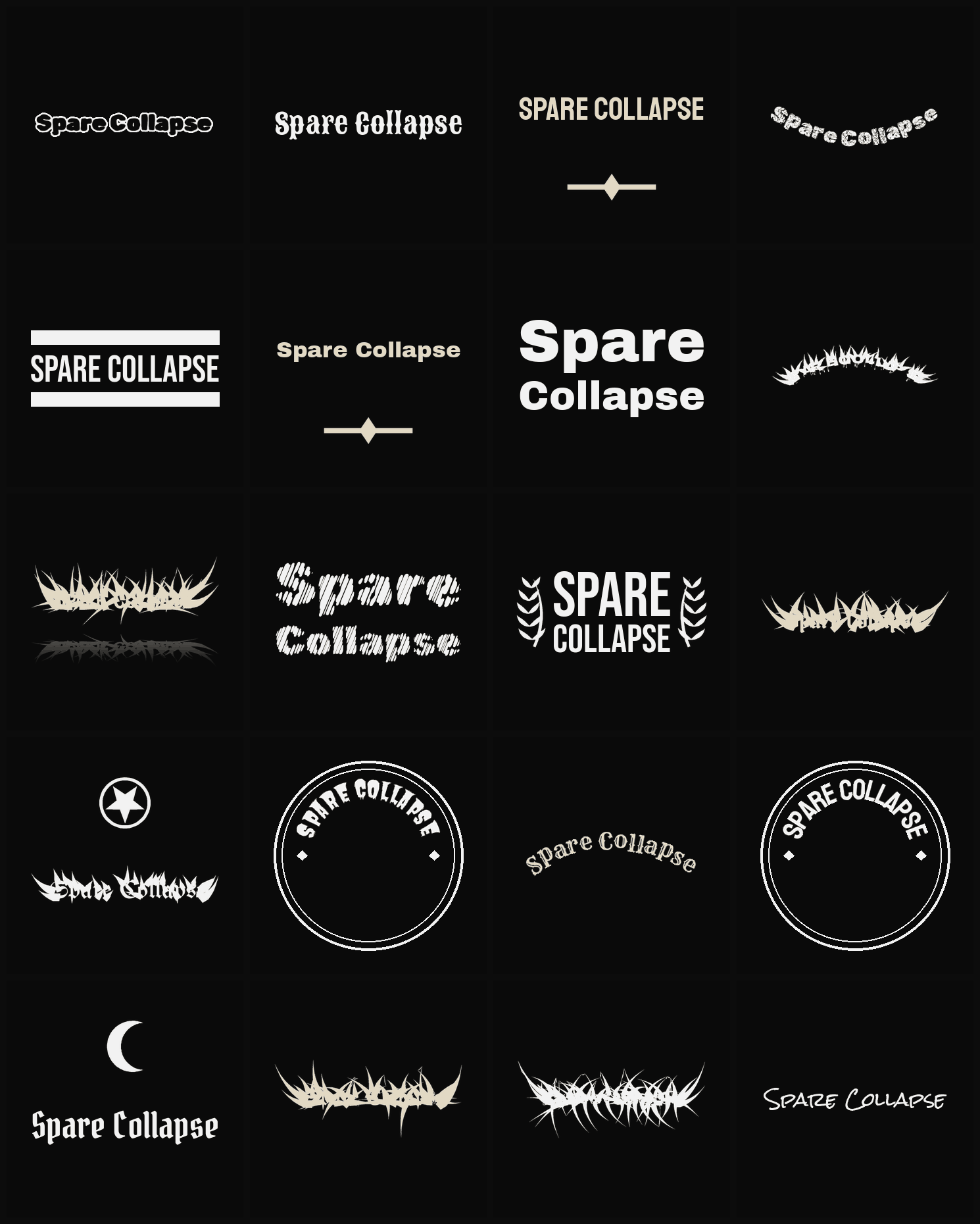 Twenty Spare Collapse band logo ideas — different faces, treatments and spike settings