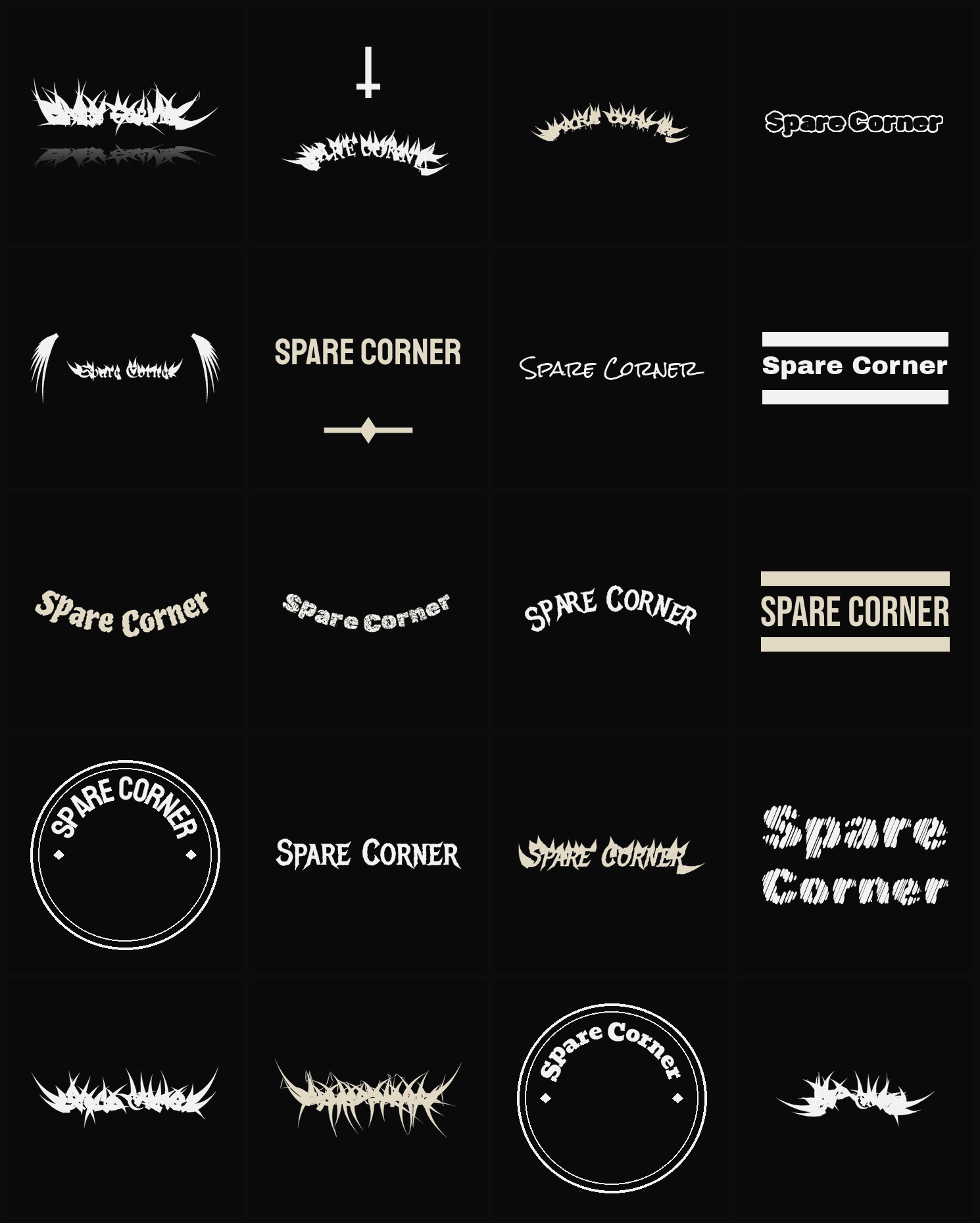 Twenty Spare Corner band logo ideas — different faces, treatments and spike settings