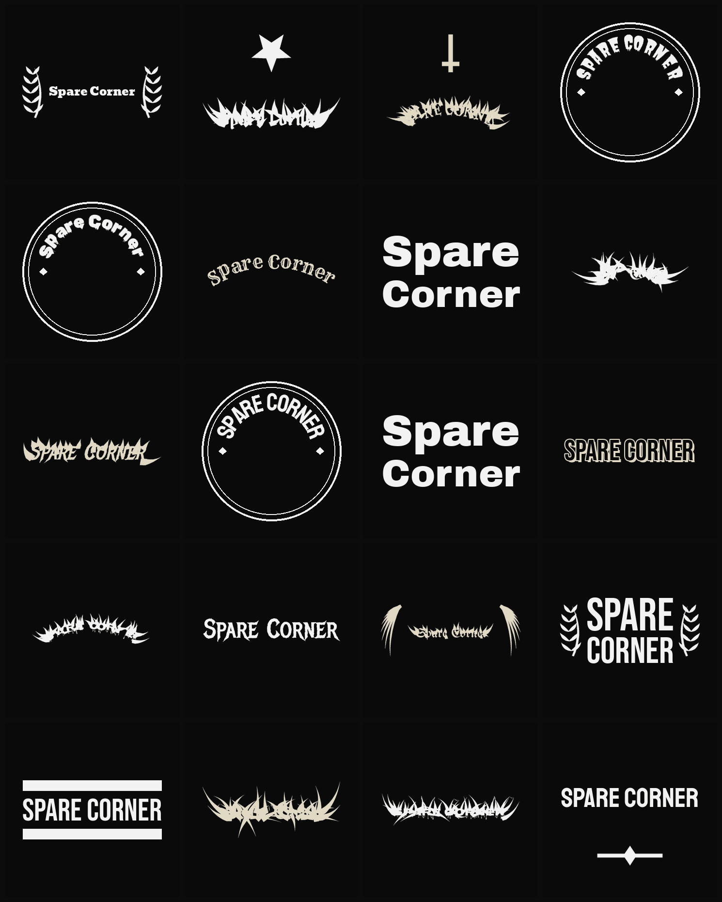 Twenty Spare Corner band logo ideas — different faces, treatments and spike settings