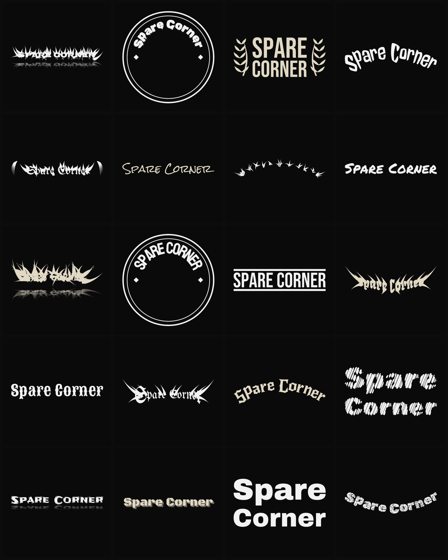 Twenty Spare Corner band logo ideas — different faces, treatments and spike settings