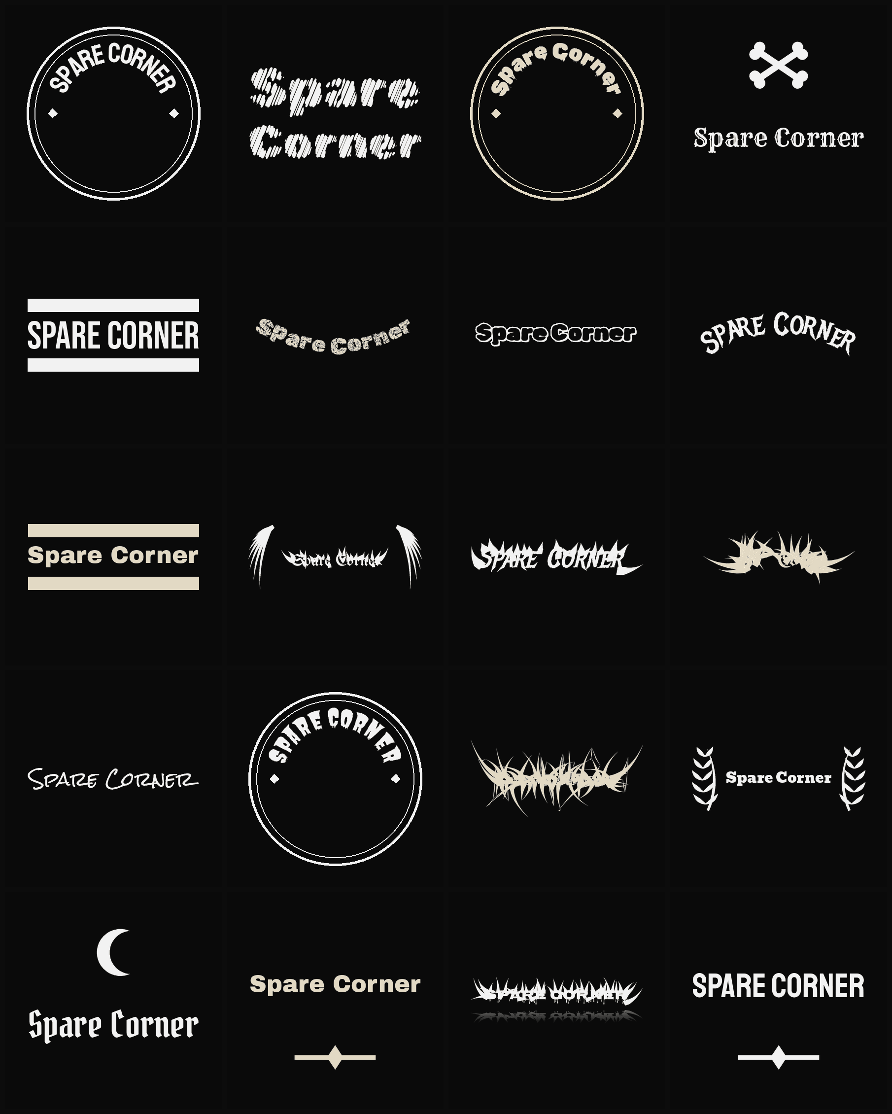 Twenty Spare Corner band logo ideas — different faces, treatments and spike settings