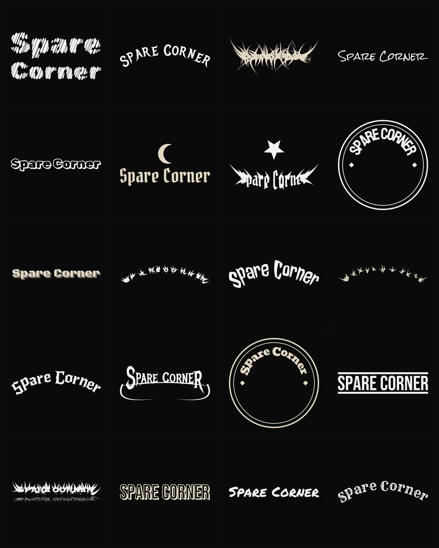 Twenty Spare Corner band logo ideas — different faces, treatments and spike settings