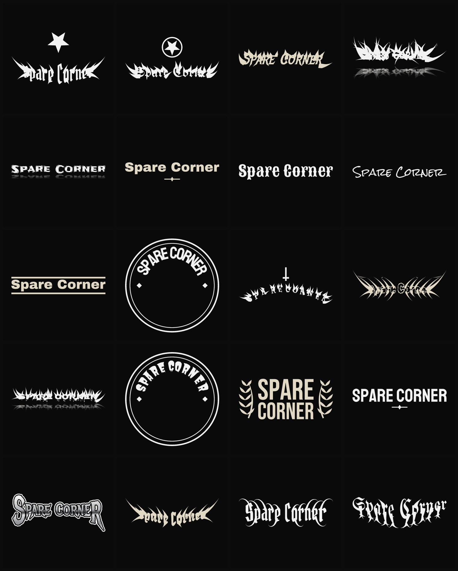 Twenty Spare Corner band logo ideas — different faces, treatments and spike settings
