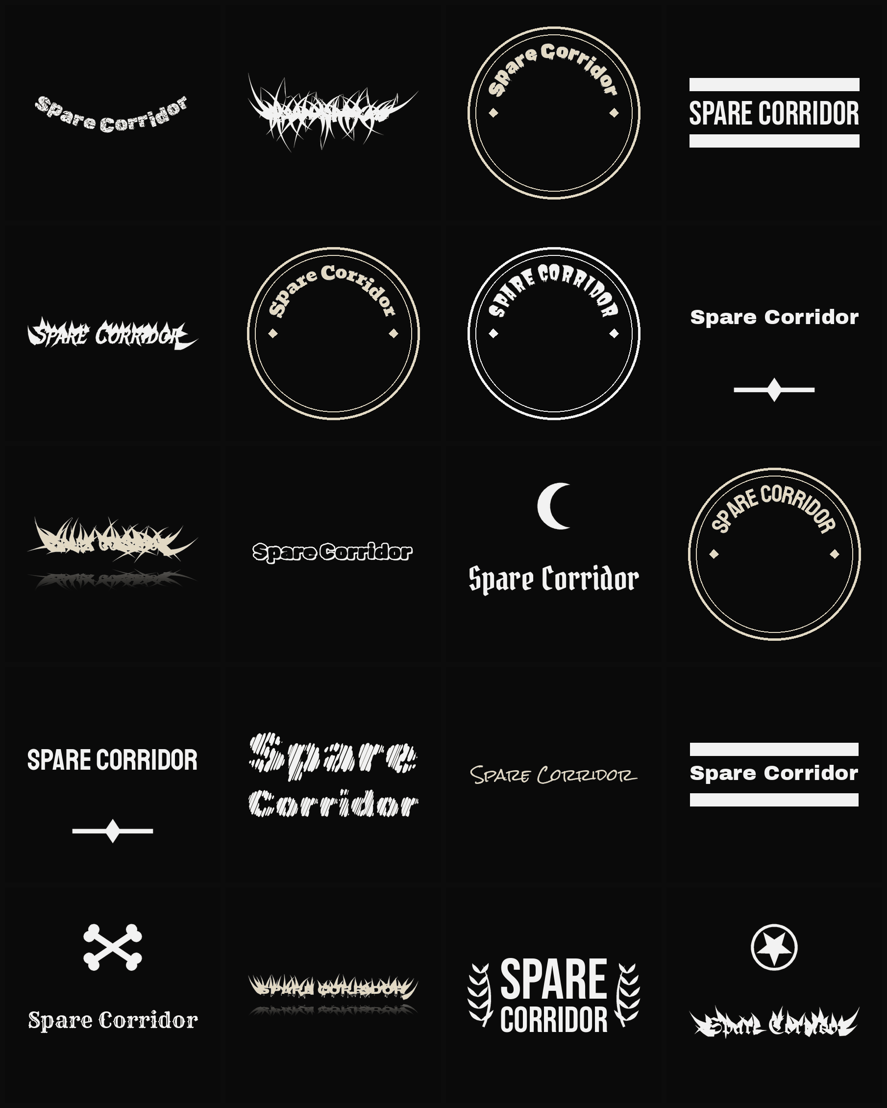 Twenty Spare Corridor band logo ideas — different faces, treatments and spike settings