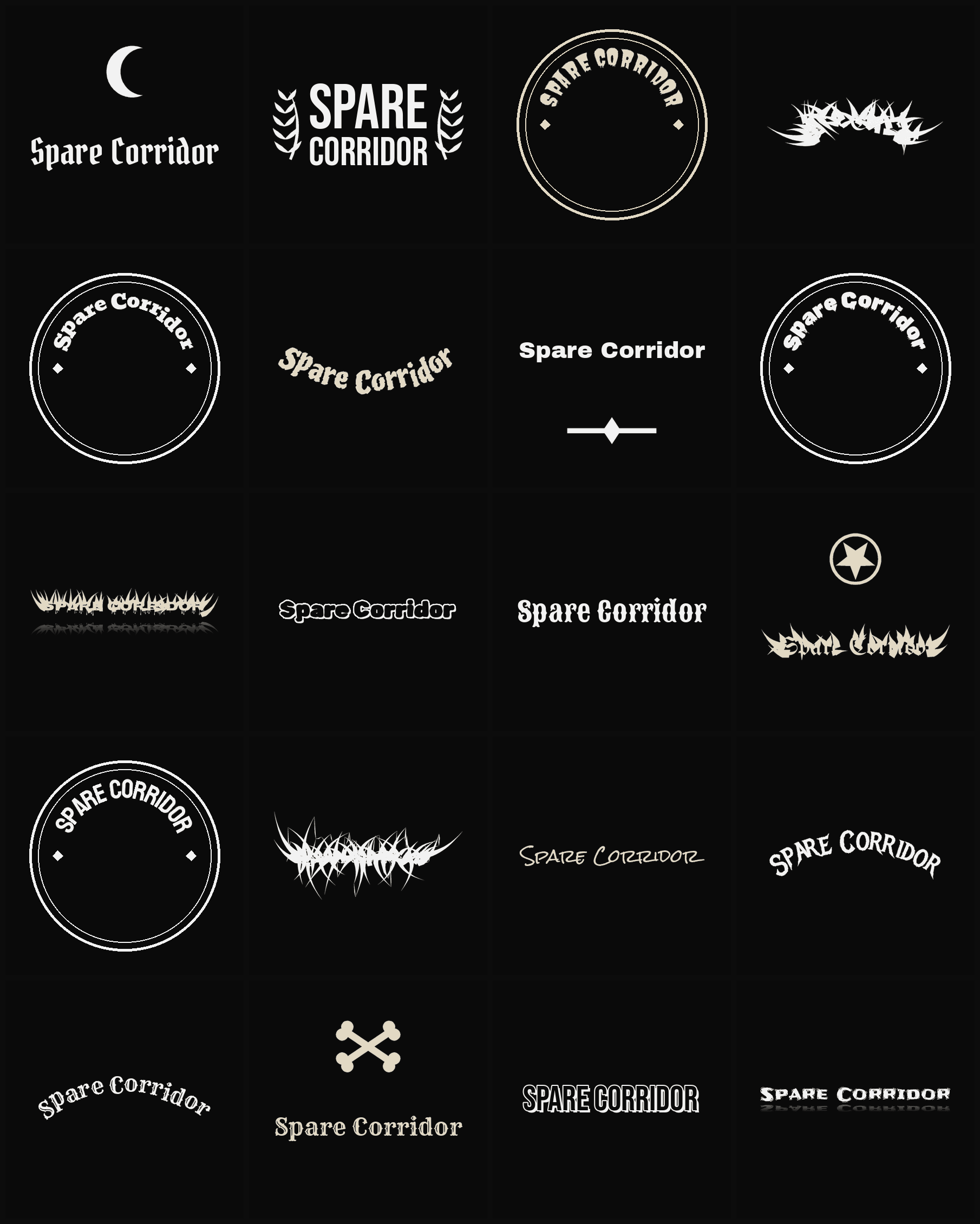 Twenty Spare Corridor band logo ideas — different faces, treatments and spike settings